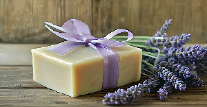 A packaged artisanal soap with lavender flowers on a wooden table, illuminated by soft natural light.