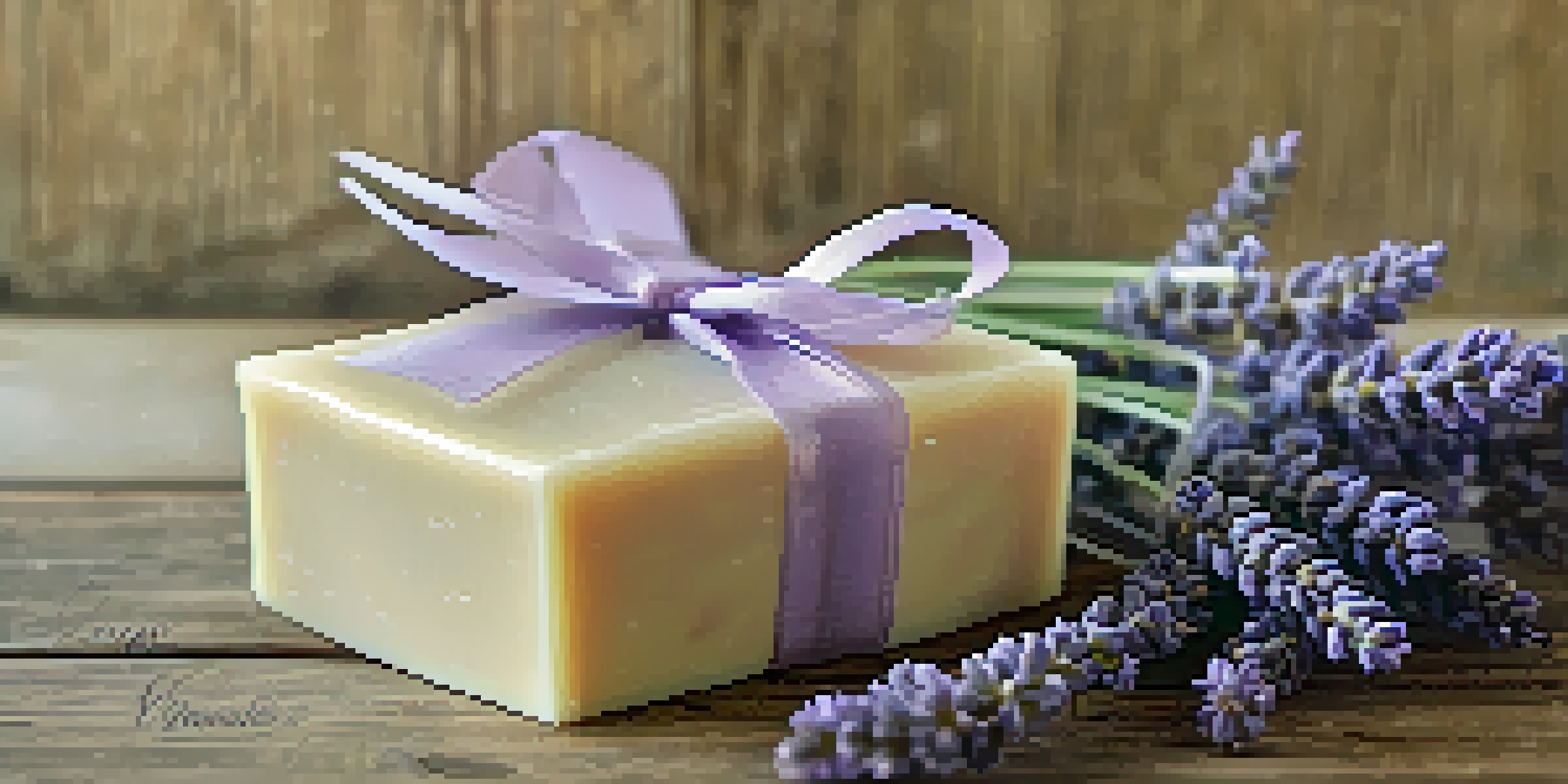 A packaged artisanal soap with lavender flowers on a wooden table, illuminated by soft natural light.