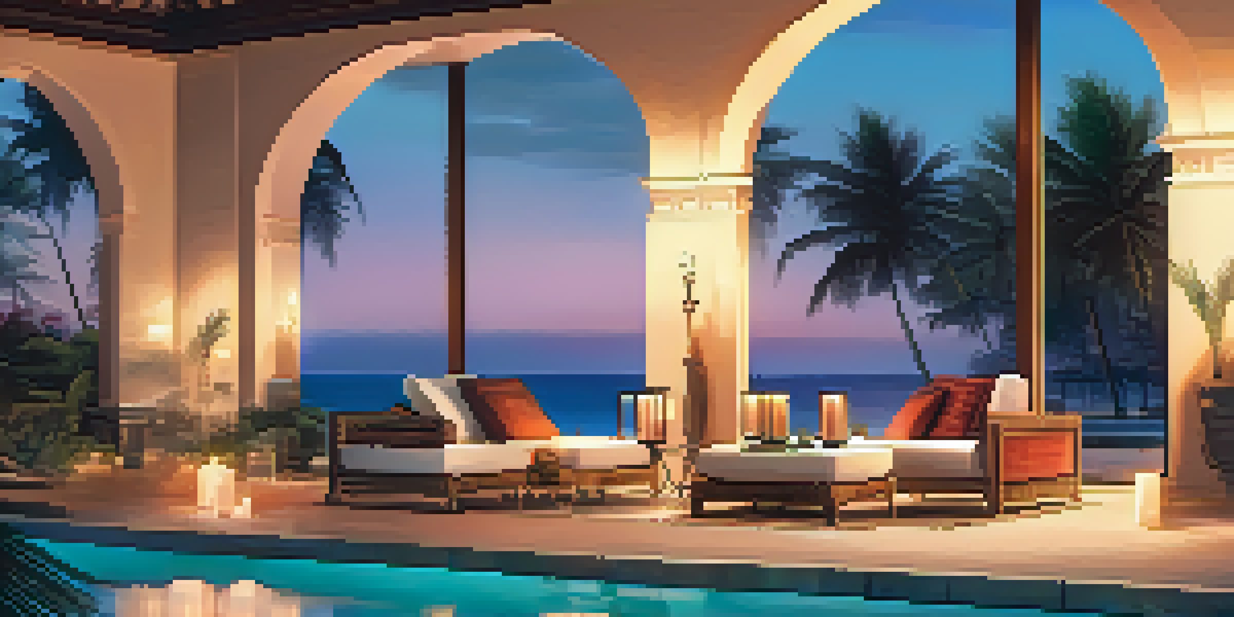 A luxurious beachside villa with large glass windows reflecting a colorful sunset, surrounded by palm trees and elegant outdoor furniture.