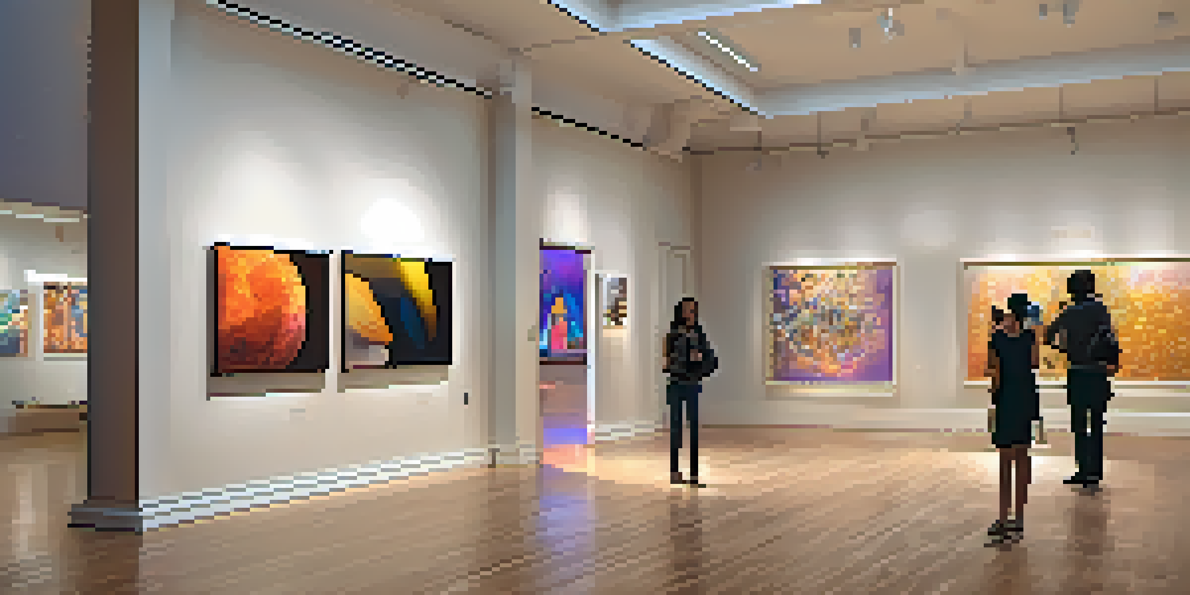 A digital art gallery with vibrant NFT displays, warm lighting, and diverse visitors engaging with the art.