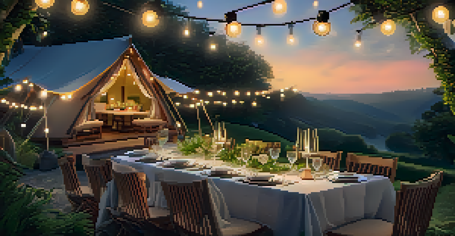 A beautifully set dining table in nature with gourmet food and fairy lights, surrounded by trees.
