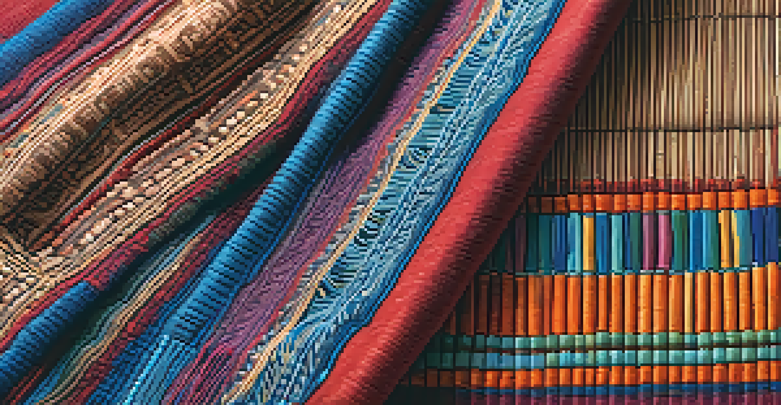 A close-up of hand-woven fabrics displaying intricate patterns and rich textures.