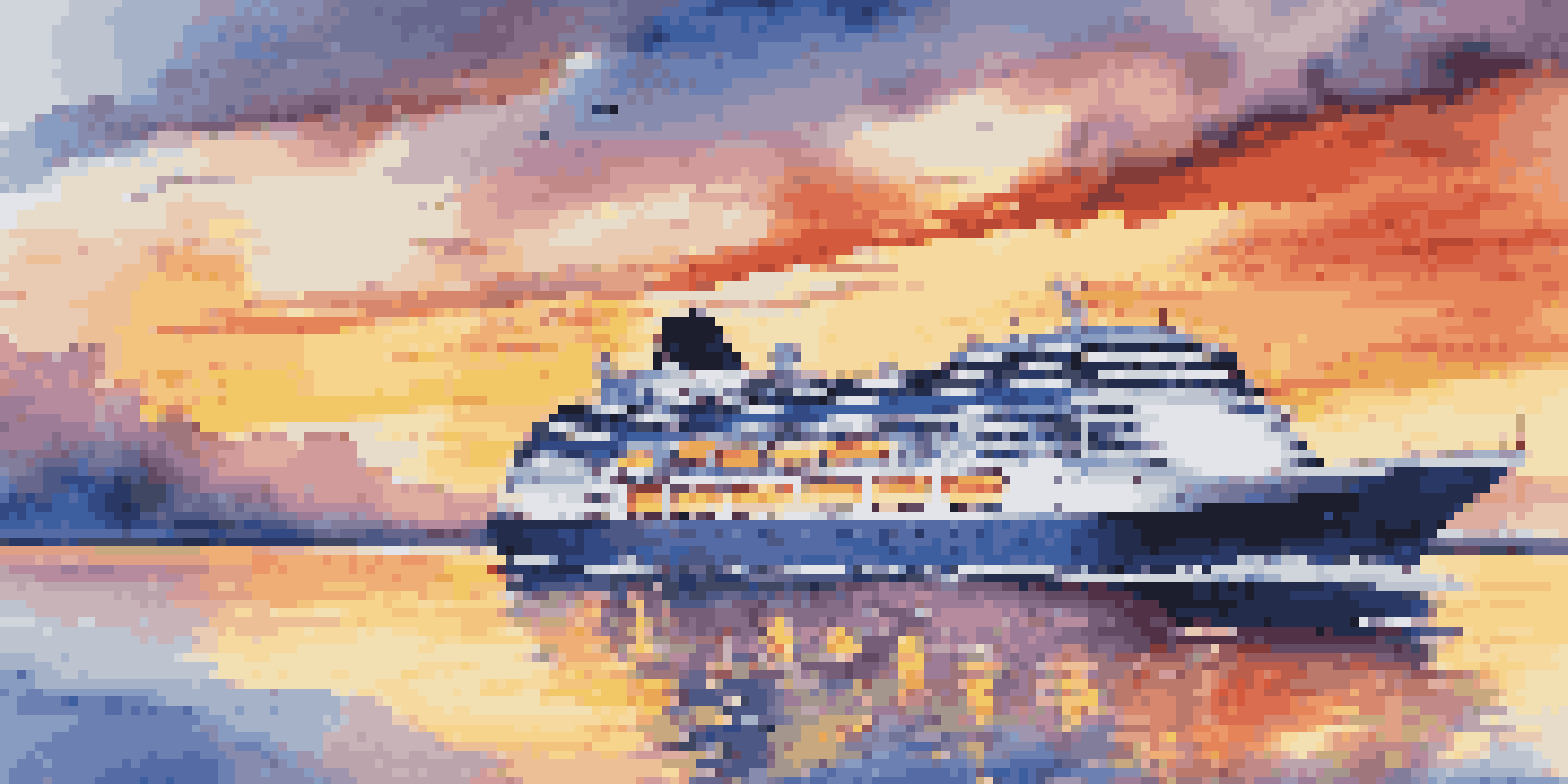 A luxury cruise ship sailing at sunset, with colorful reflections on the ocean and passengers on the deck.