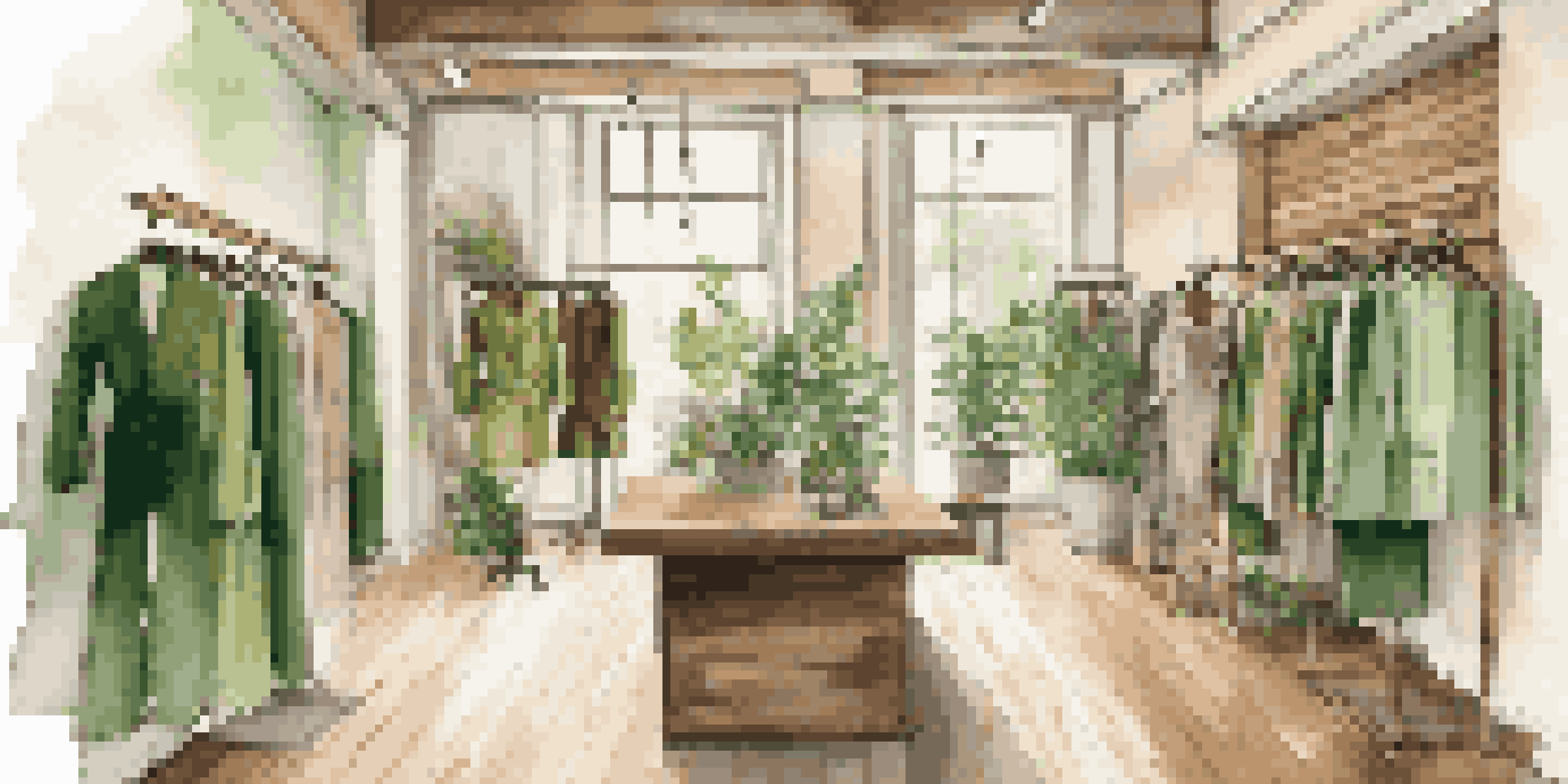 An upscale fashion boutique interior highlighting sustainable fashion. It has reclaimed wood clothing racks, soft lighting, and a vibrant eco-friendly outfit on a mannequin.