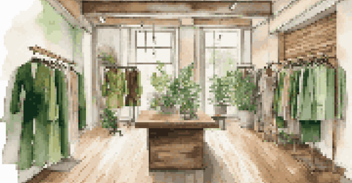 An upscale fashion boutique interior highlighting sustainable fashion. It has reclaimed wood clothing racks, soft lighting, and a vibrant eco-friendly outfit on a mannequin.