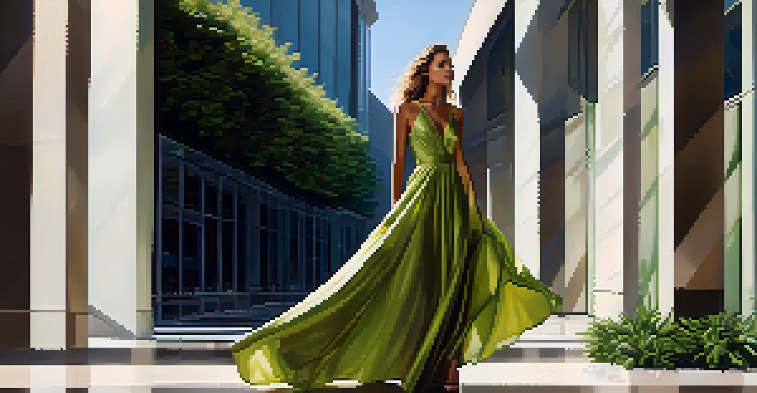 A model in an elegant gown poses in a sun-drenched urban setting, surrounded by modern architecture and greenery, creating a high-fashion editorial scene.