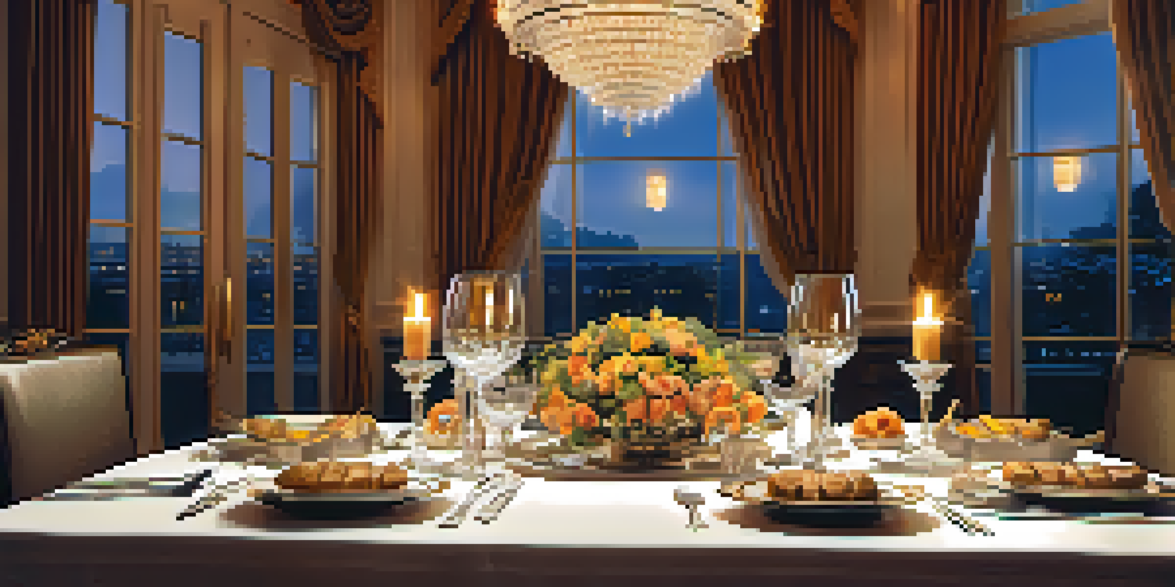 An elegantly set dining table in a luxurious restaurant with polished silverware, crystal glasses, and candlelight.