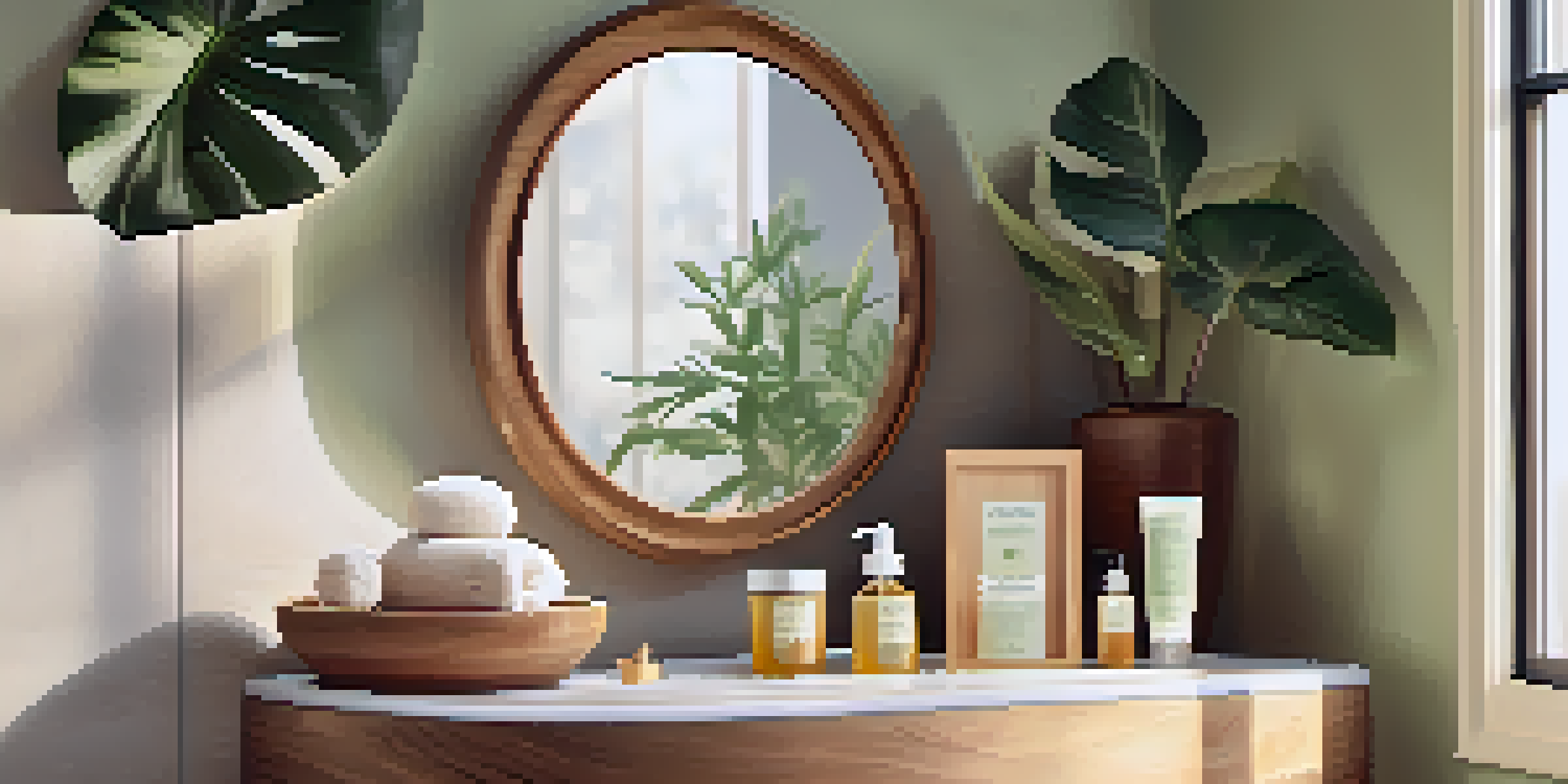 A cozy bathroom with a wooden vanity, skincare products, and a plant, illuminated by soft morning light.