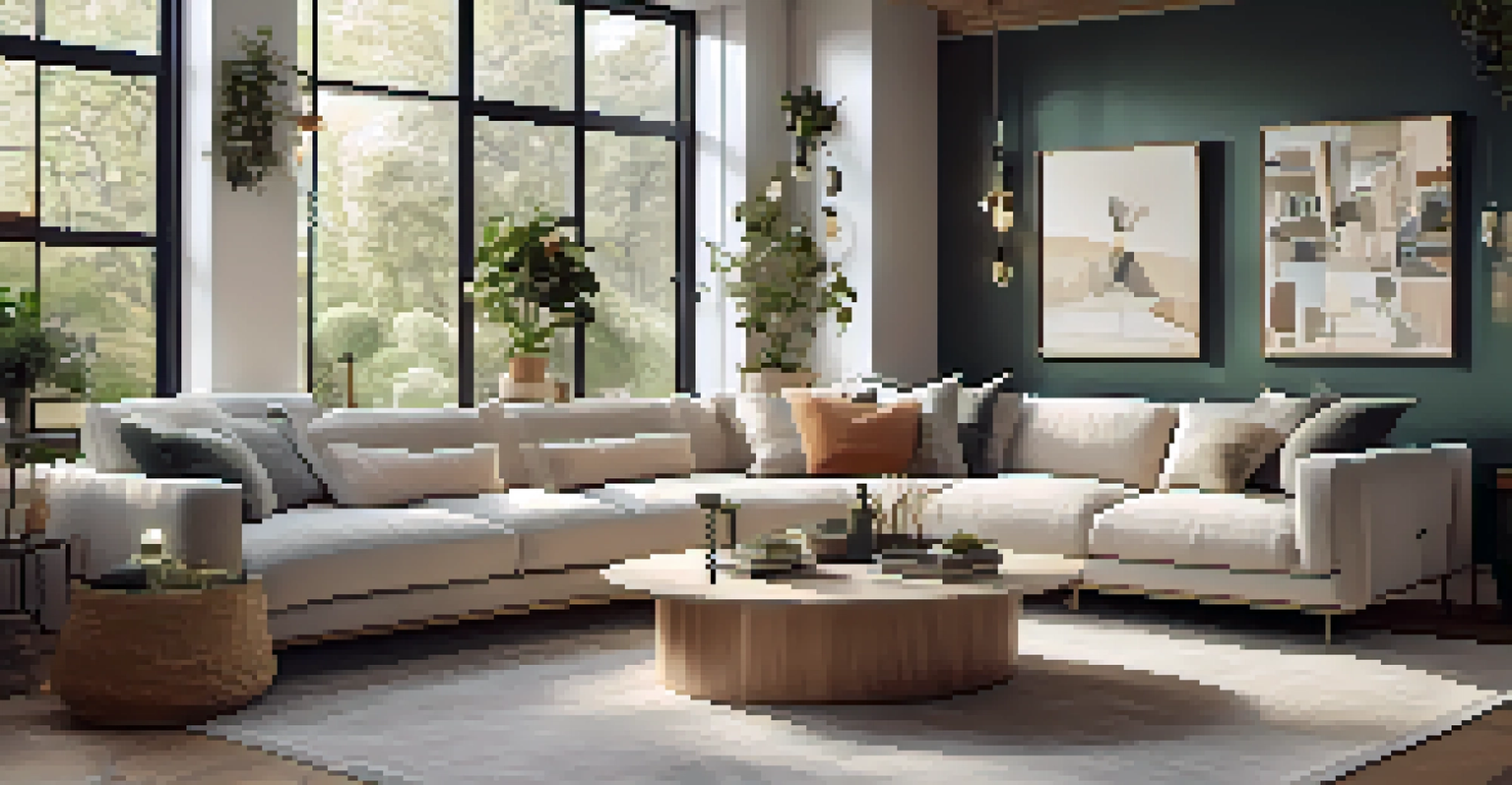 A modern living room showcasing smart home technology with energy-efficient appliances and organic cotton decor.