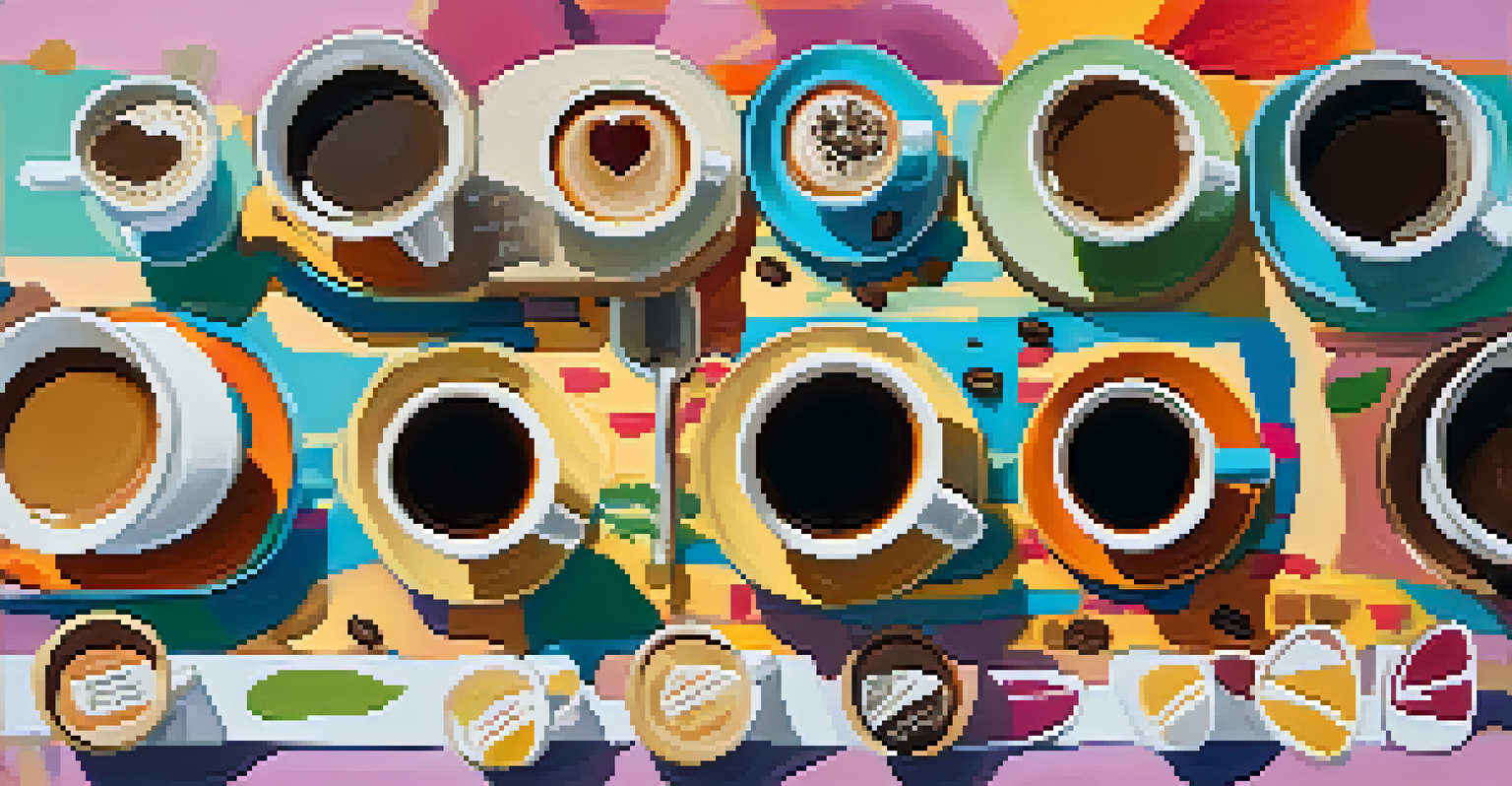 A colorful coffee tasting setup with cups of coffee from different origins, labeled with flavor notes, and a notepad for tasting notes.