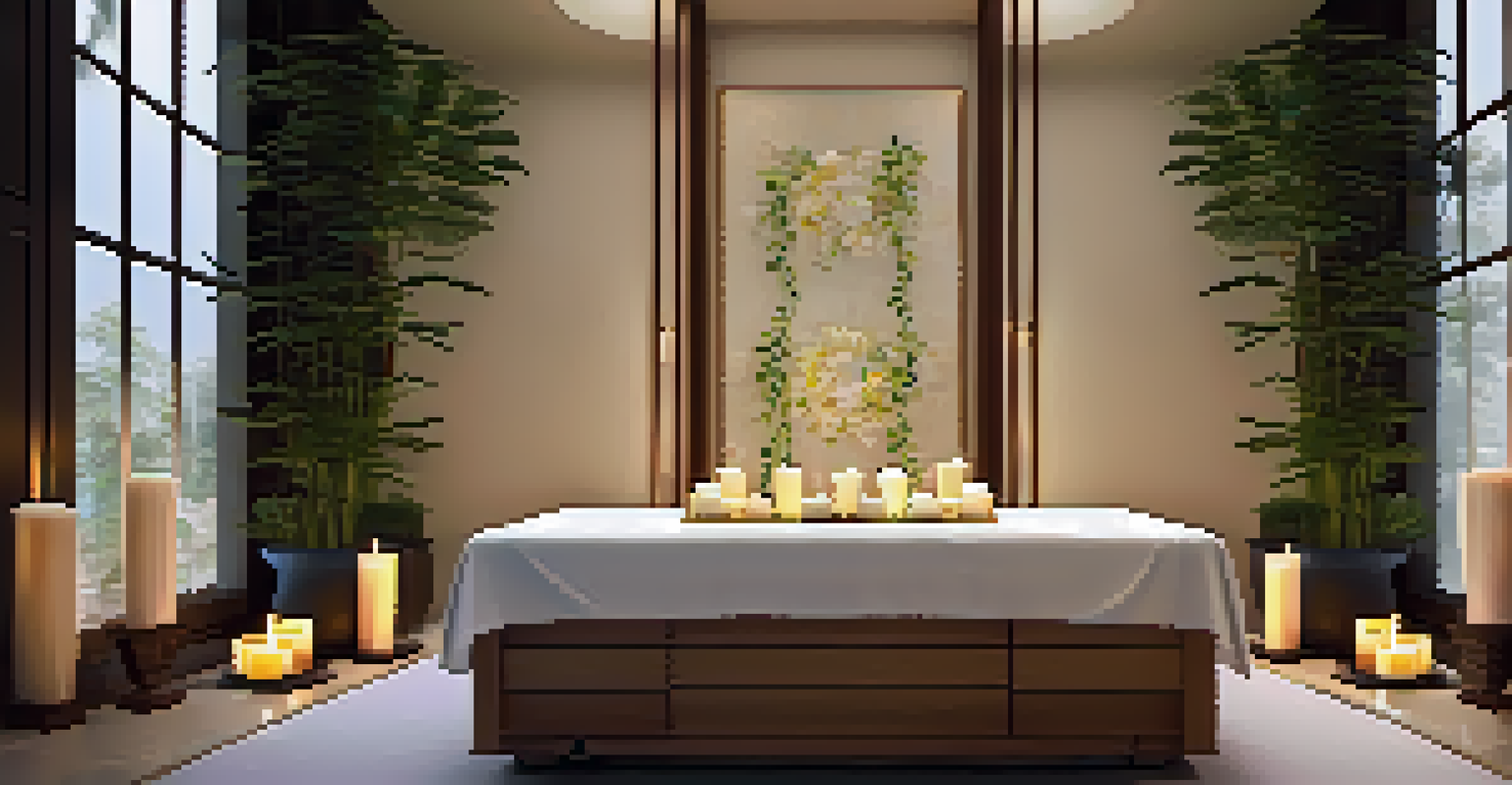A calming spa room with a massage table, candles, and soft lighting designed for relaxation.
