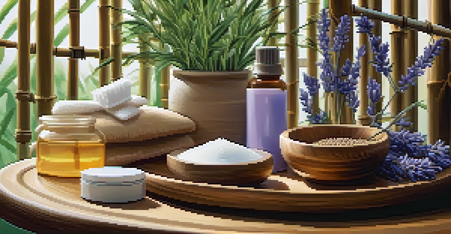 A serene spa scene with a wooden table showcasing organic personal care items and bamboo plants in the background.