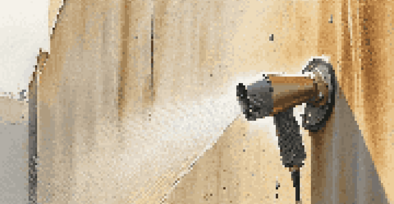 A close-up of a pressure washer cleaning a stucco wall with water spray and dirt removal.