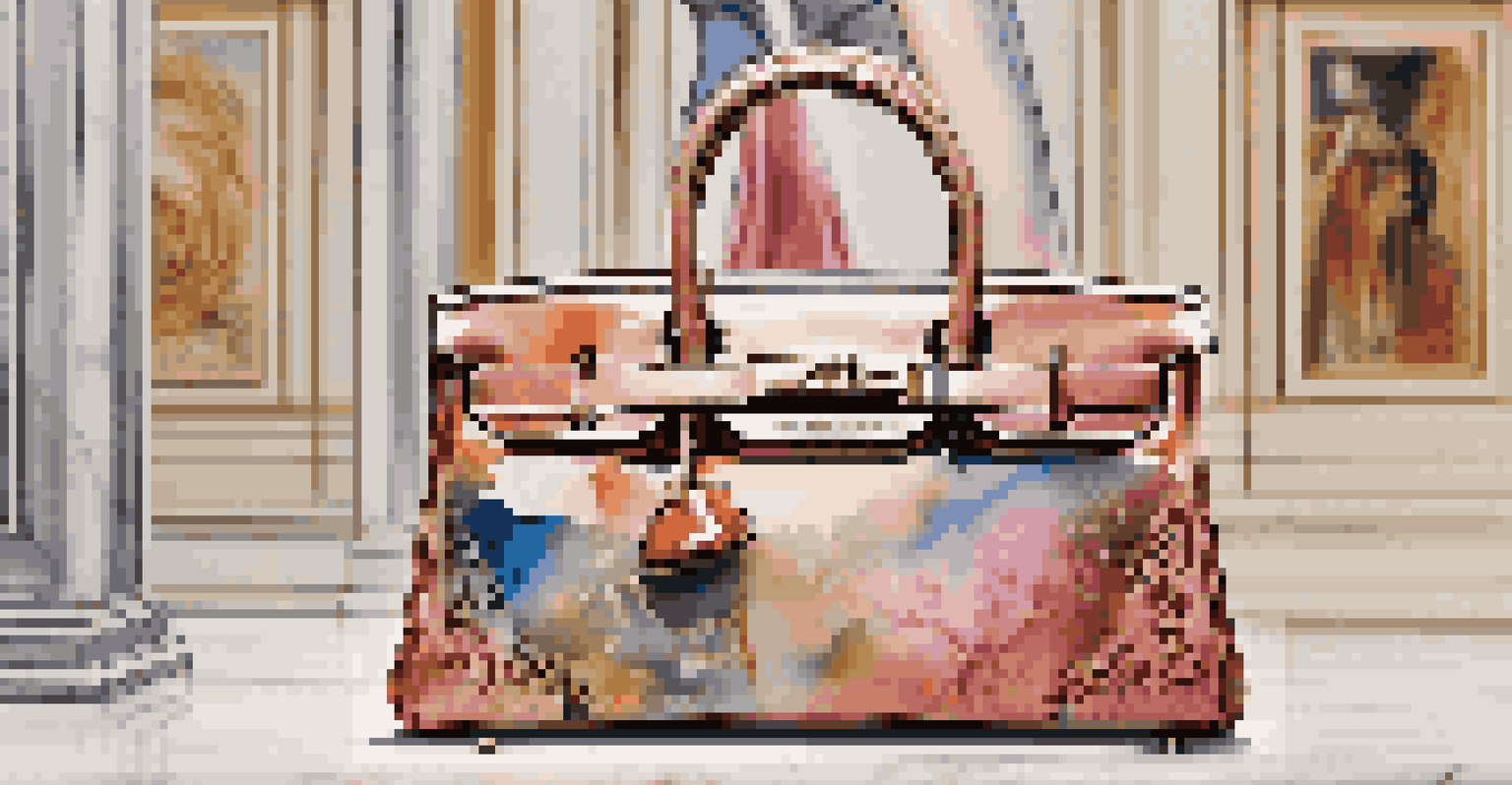 A close-up of a luxury handbag with artistic designs, displayed elegantly against a blurred art exhibition backdrop.