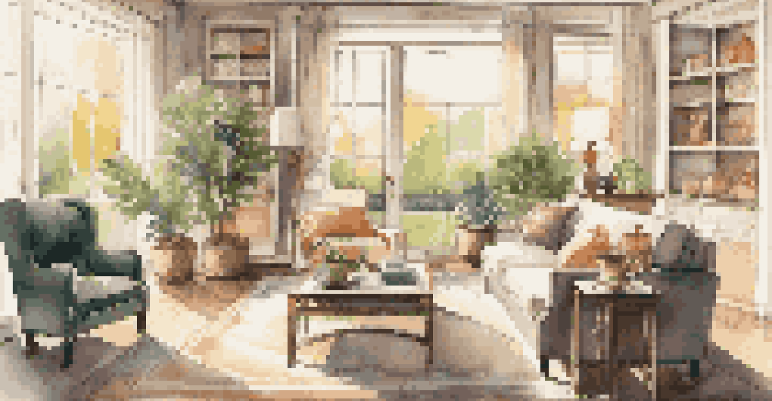 A luxurious living room with elegant furniture, warm lighting, and a beautiful garden view through large windows.