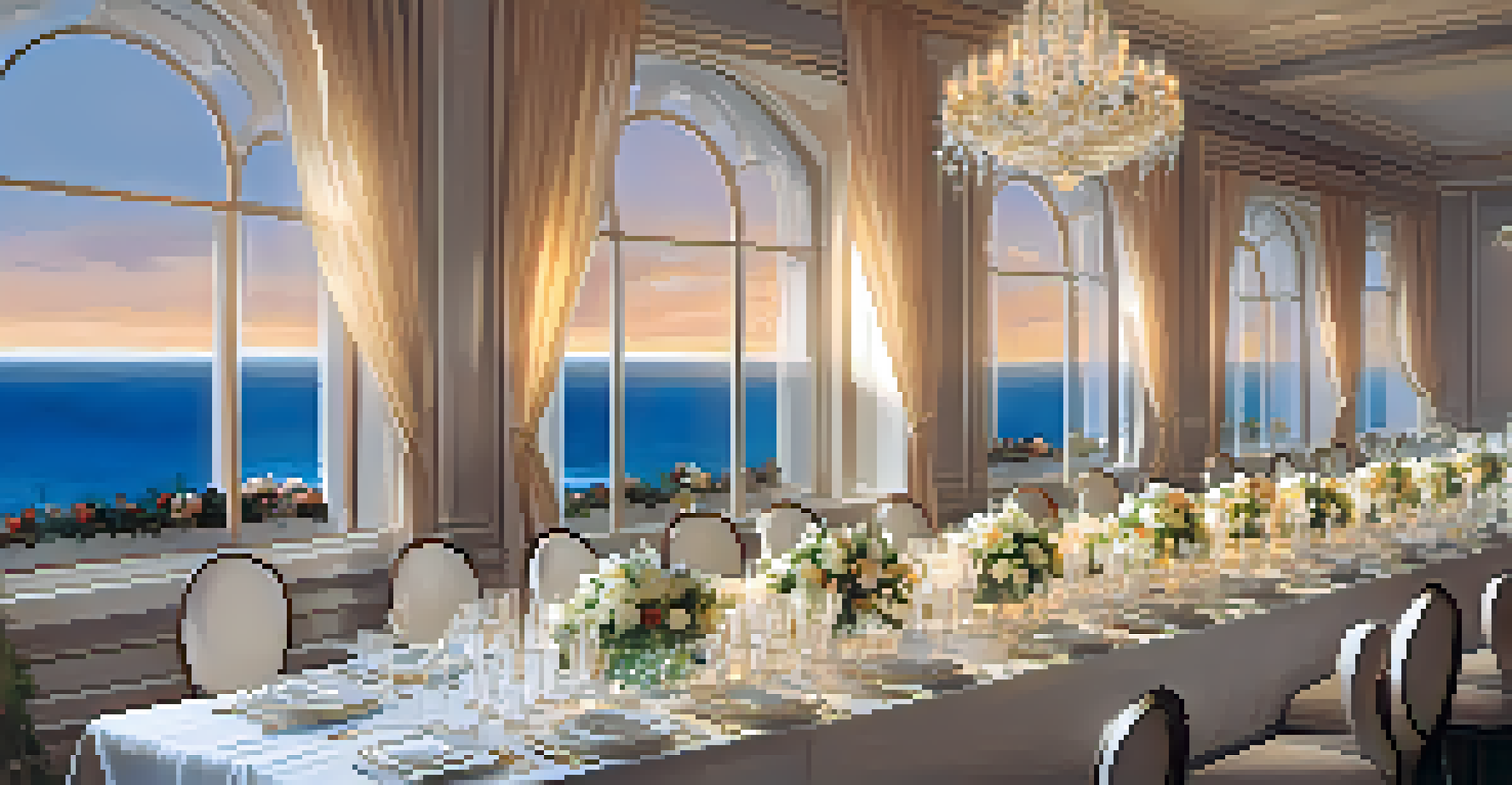 A beautifully set dining table for a formal dinner at a luxury business retreat, featuring fine china and a scenic sunset view.