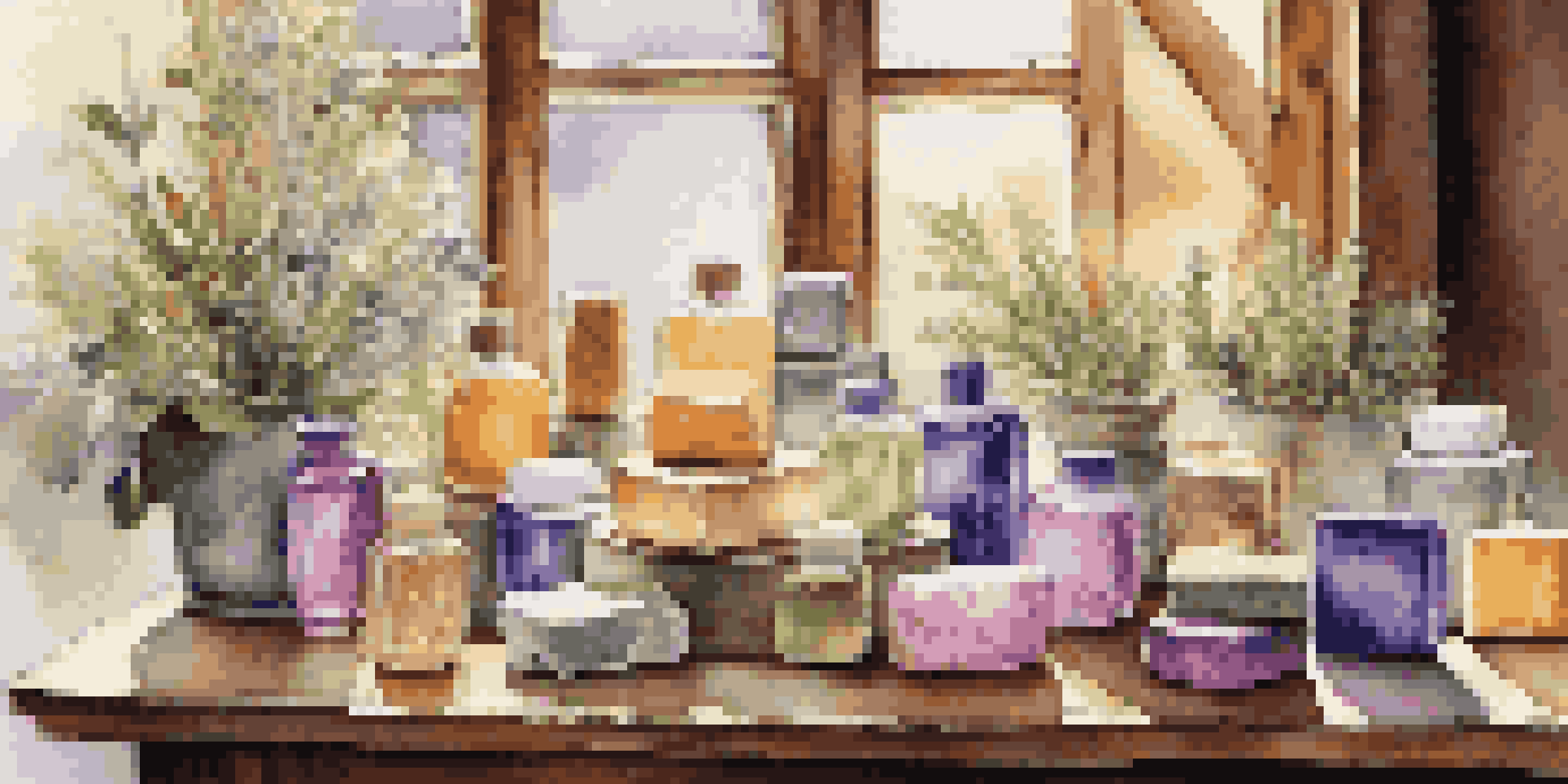 An assortment of luxury soaps in different colors and shapes displayed on a wooden table with sunlight casting soft shadows.
