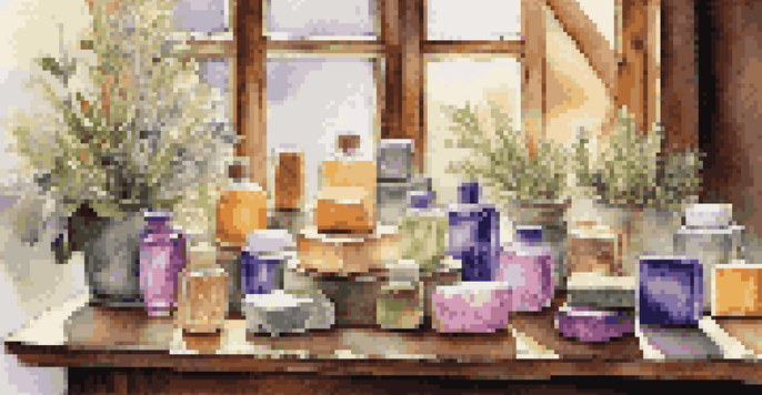 An assortment of luxury soaps in different colors and shapes displayed on a wooden table with sunlight casting soft shadows.