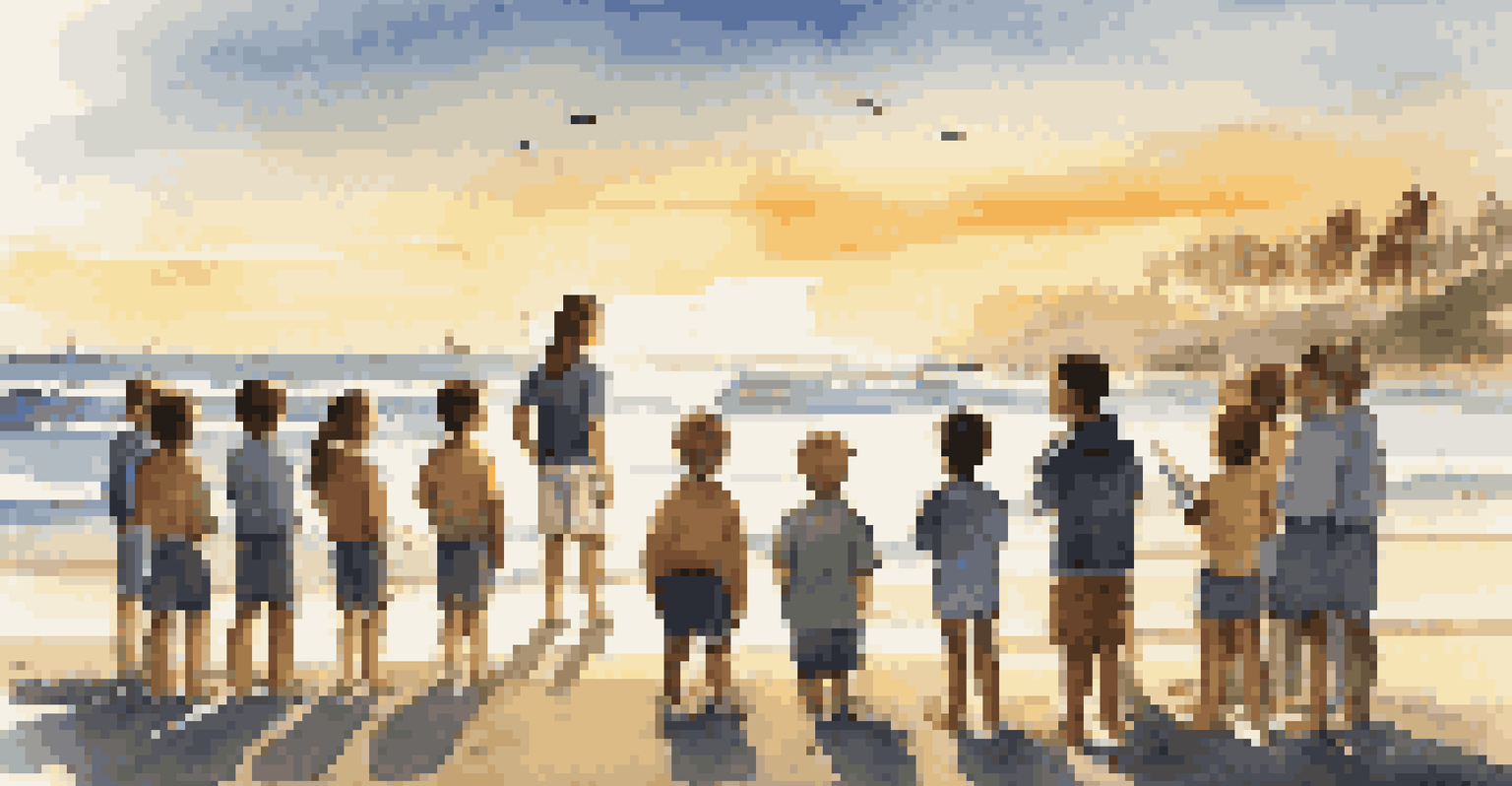 An instructor teaches a group of kids about surfing safety on the beach at sunset, with surfboards and waves in the background.