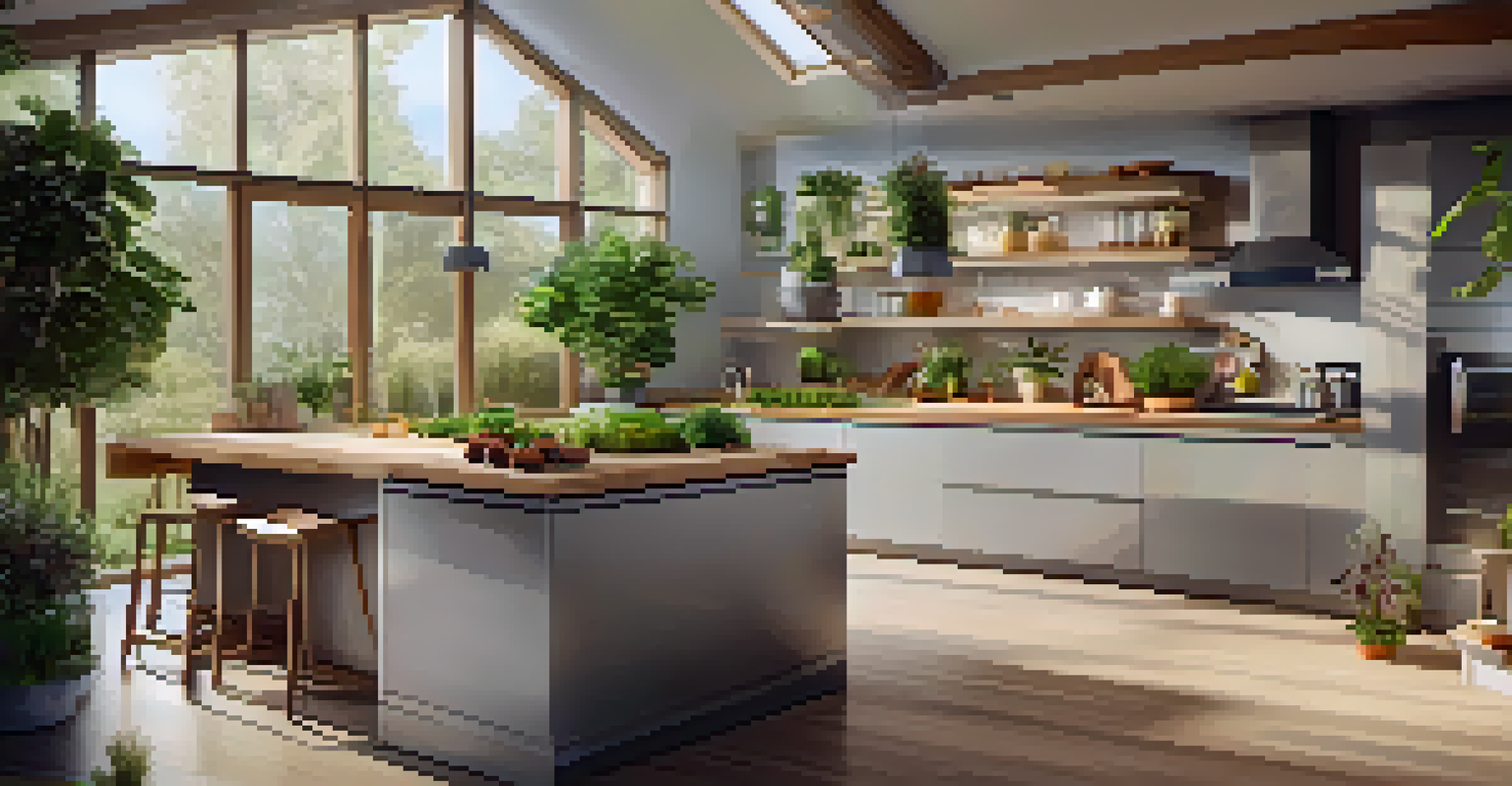 An eco-friendly kitchen featuring smart appliances and a family cooking together.