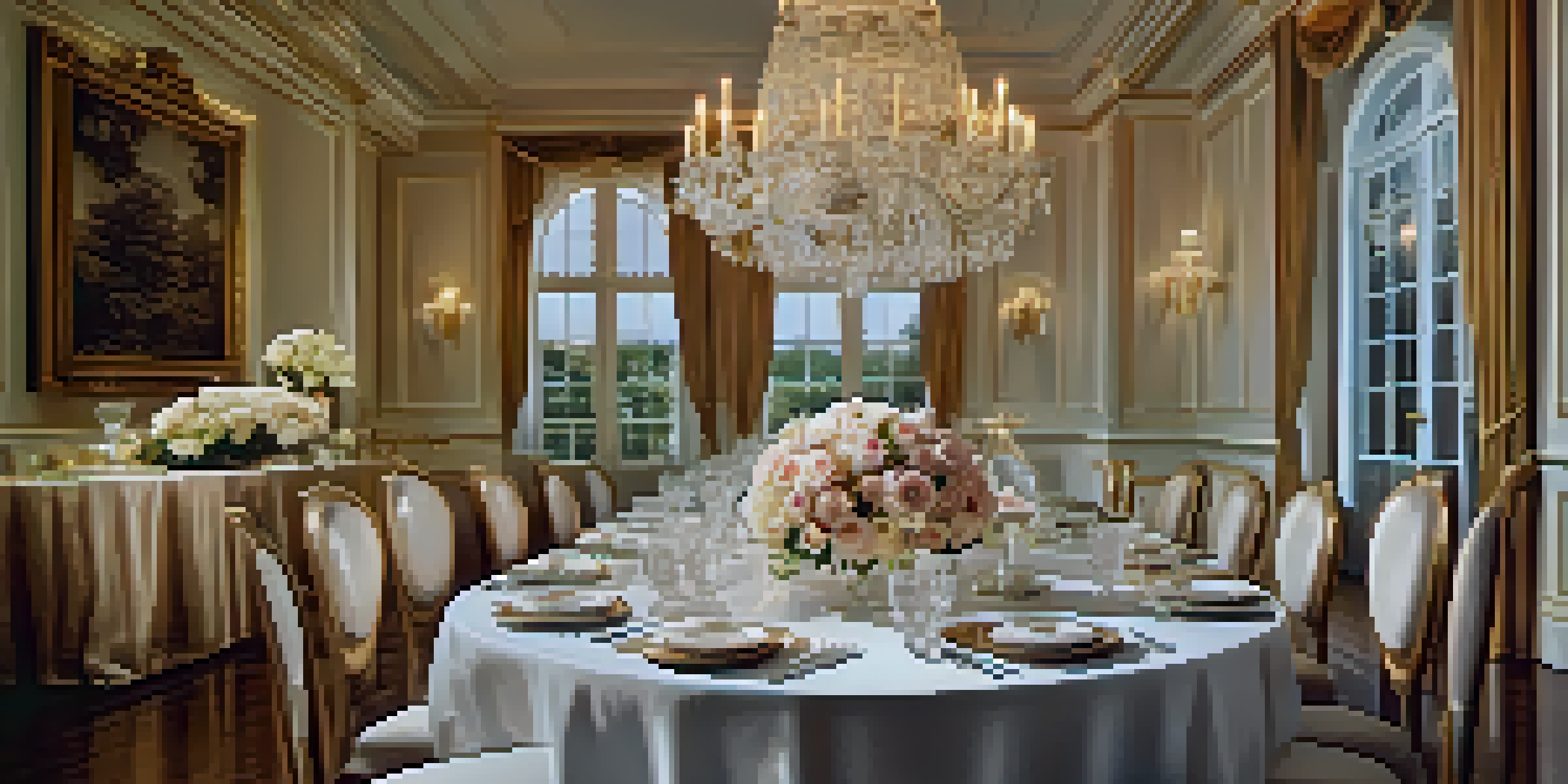An elegant dining setting with fine china, crystal glasses, and floral centerpieces, illuminated by soft lighting in a luxurious room.