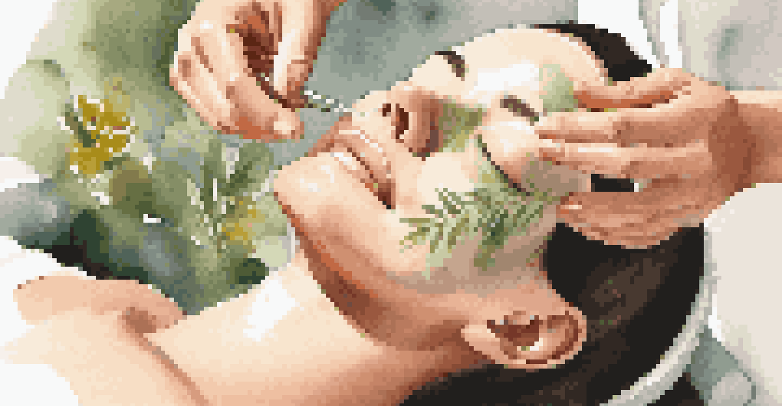 A close-up of a facial treatment being applied to a client's face, showcasing natural ingredients and a calming atmosphere.