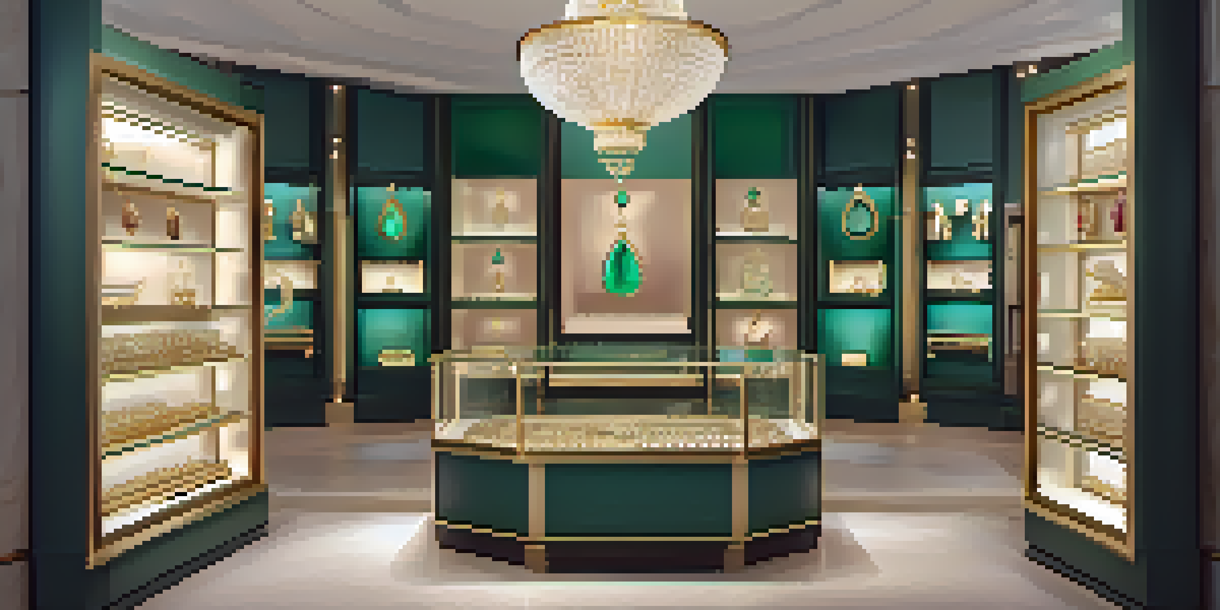 A luxurious jewelry display showcasing a blend of traditional and modern designs, featuring a necklace with emeralds in a softly lit boutique.