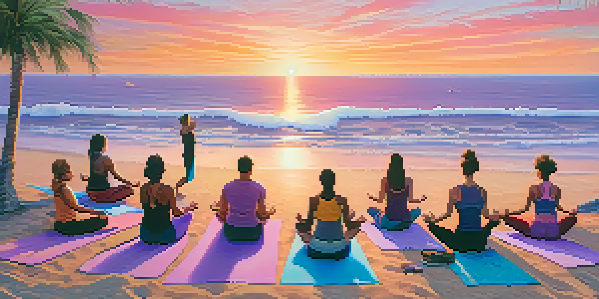 A group of people practicing yoga on the beach during sunrise, with colorful skies and gentle ocean waves.