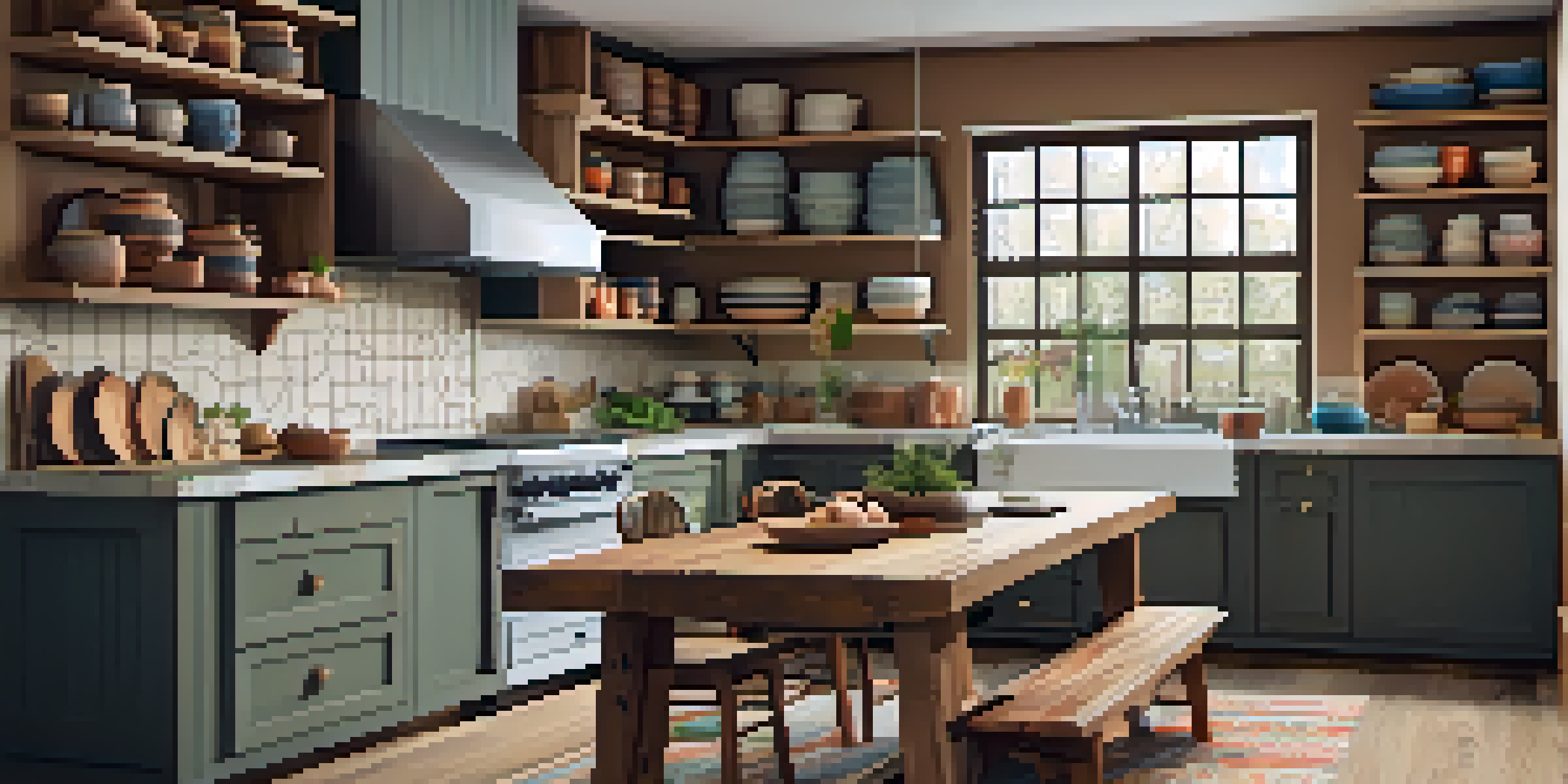 A cozy kitchen with hand-thrown pottery and custom cabinetry bathed in soft natural light.
