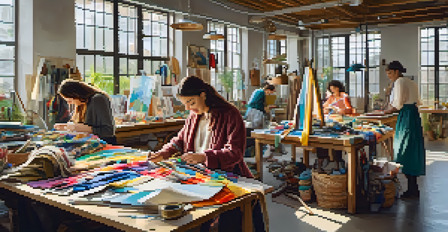 Artisans creating fashion accessories from recycled materials in a bright, natural light workshop.