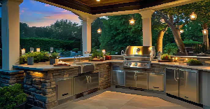 A luxurious outdoor kitchen with a stainless steel grill and stone countertop in a landscaped backyard, illuminated by soft lights during sunset.