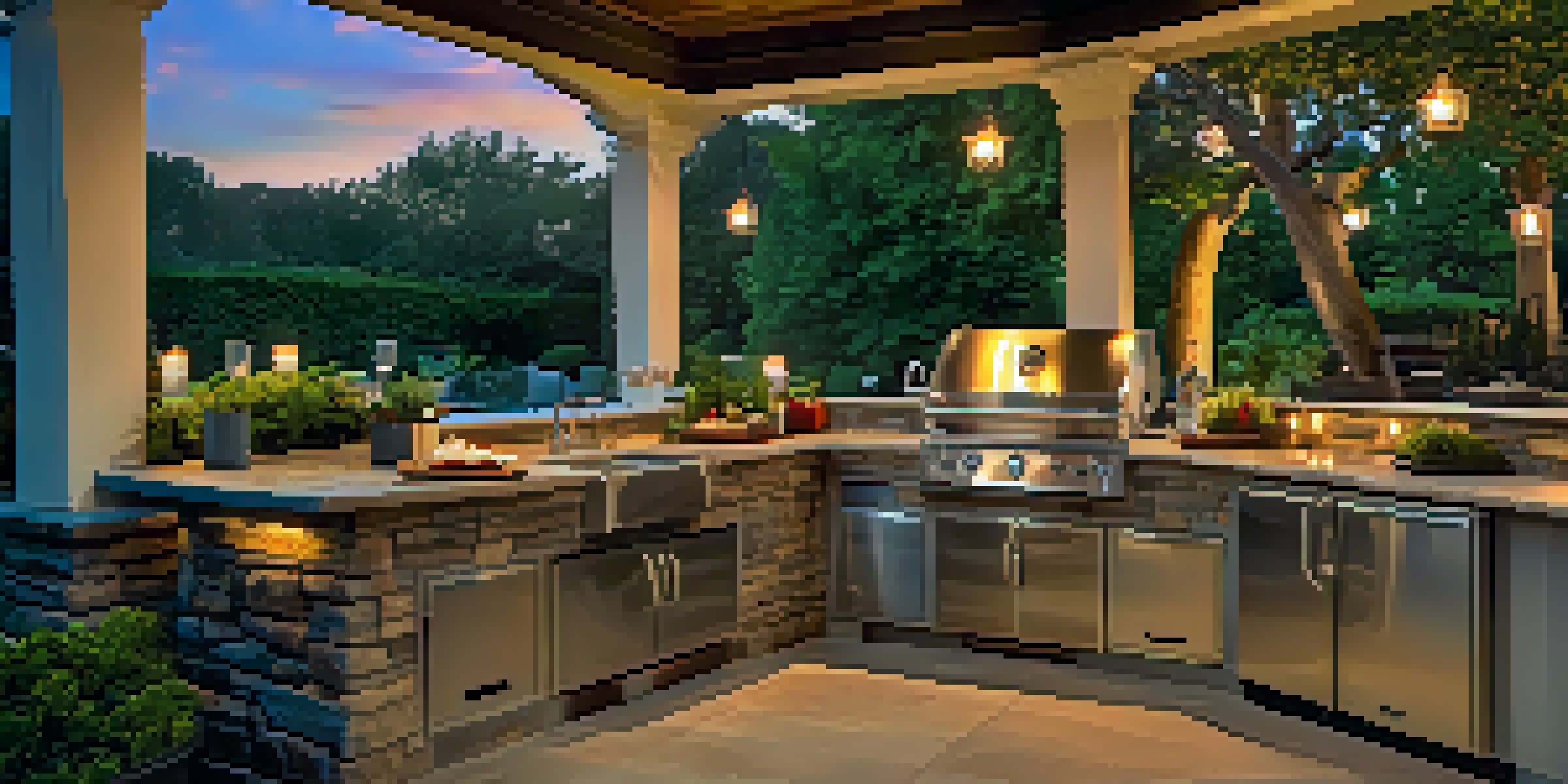 A luxurious outdoor kitchen with a stainless steel grill and stone countertop in a landscaped backyard, illuminated by soft lights during sunset.