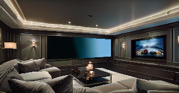 A luxurious home theater with a plush sofa and ultra HD TV, featuring ambient lighting and soundproof panels.