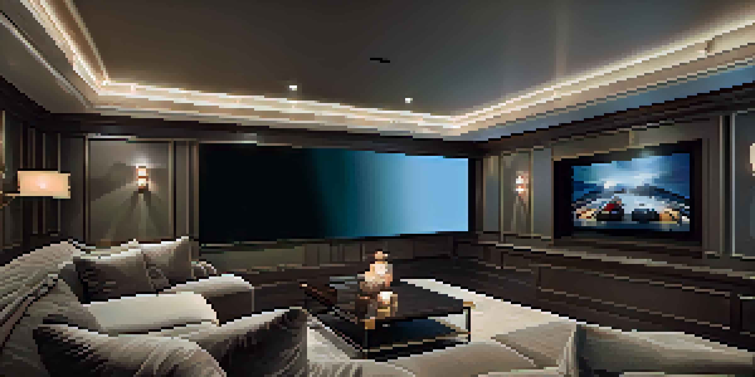 A luxurious home theater with a plush sofa and ultra HD TV, featuring ambient lighting and soundproof panels.