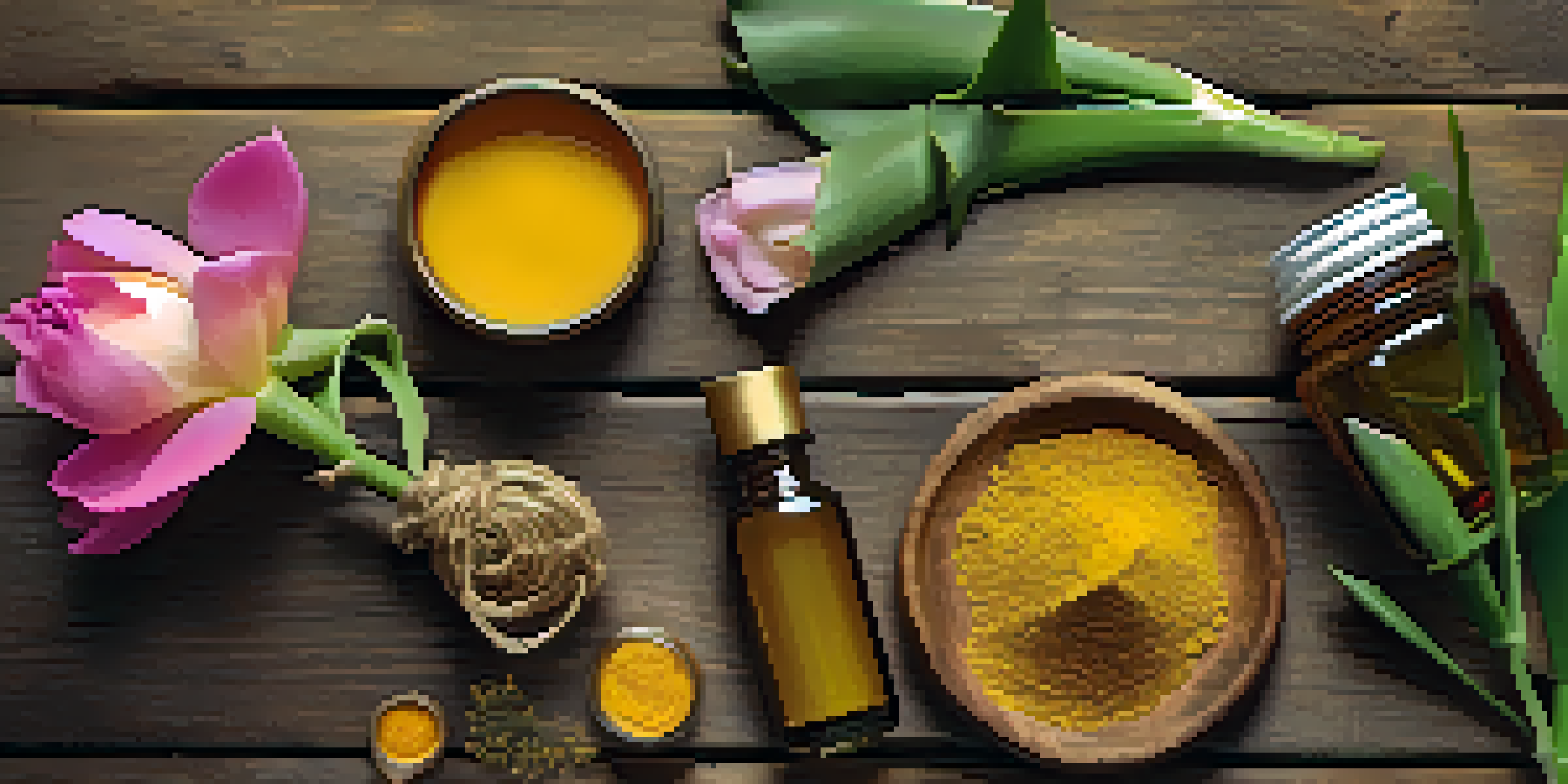 A flat lay of natural beauty ingredients including turmeric powder, rose oil, and aloe vera on a wooden surface, illuminated by soft natural light.