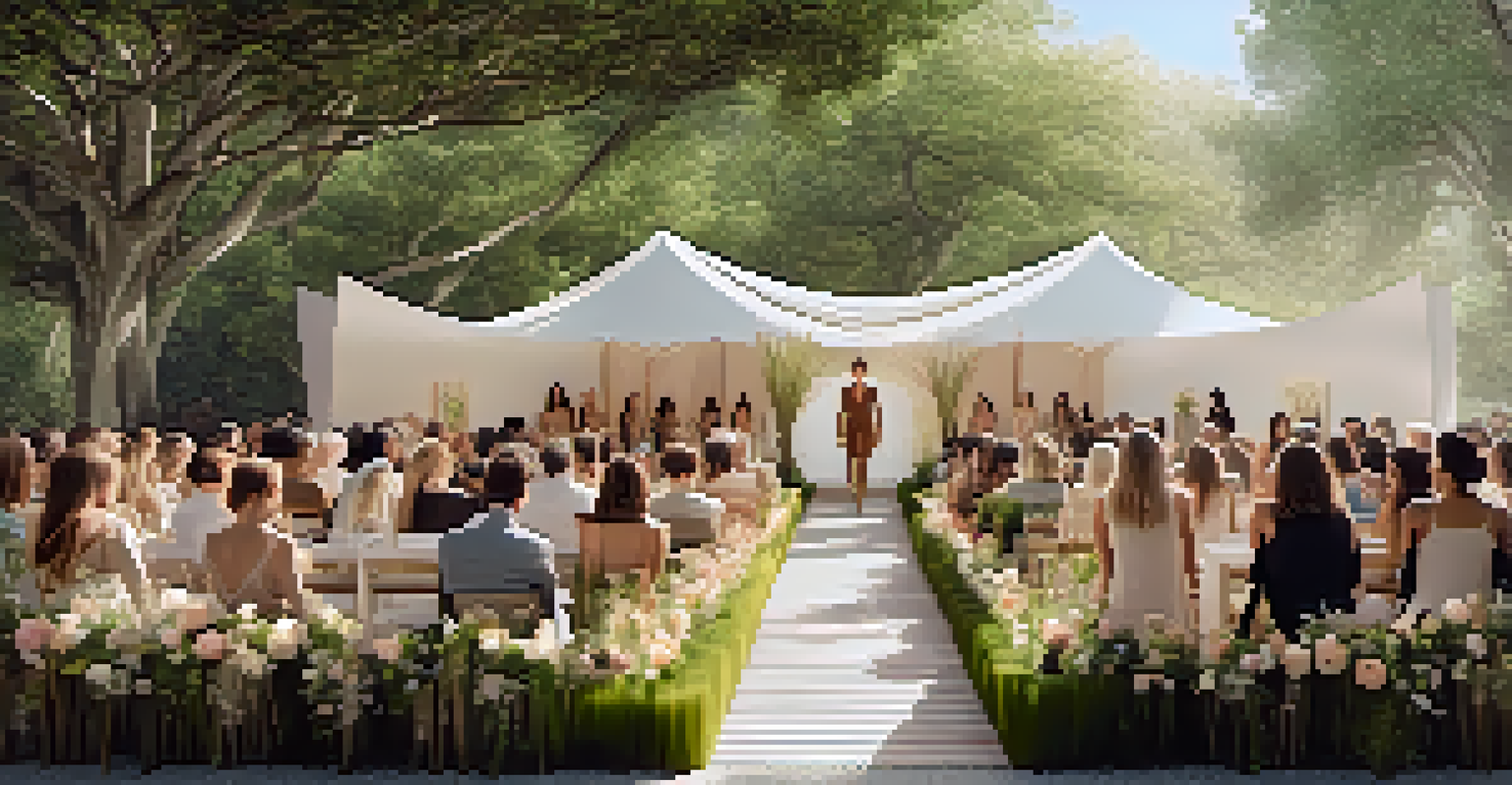 A sustainable fashion show in a garden with models in eco-friendly garments among greenery.