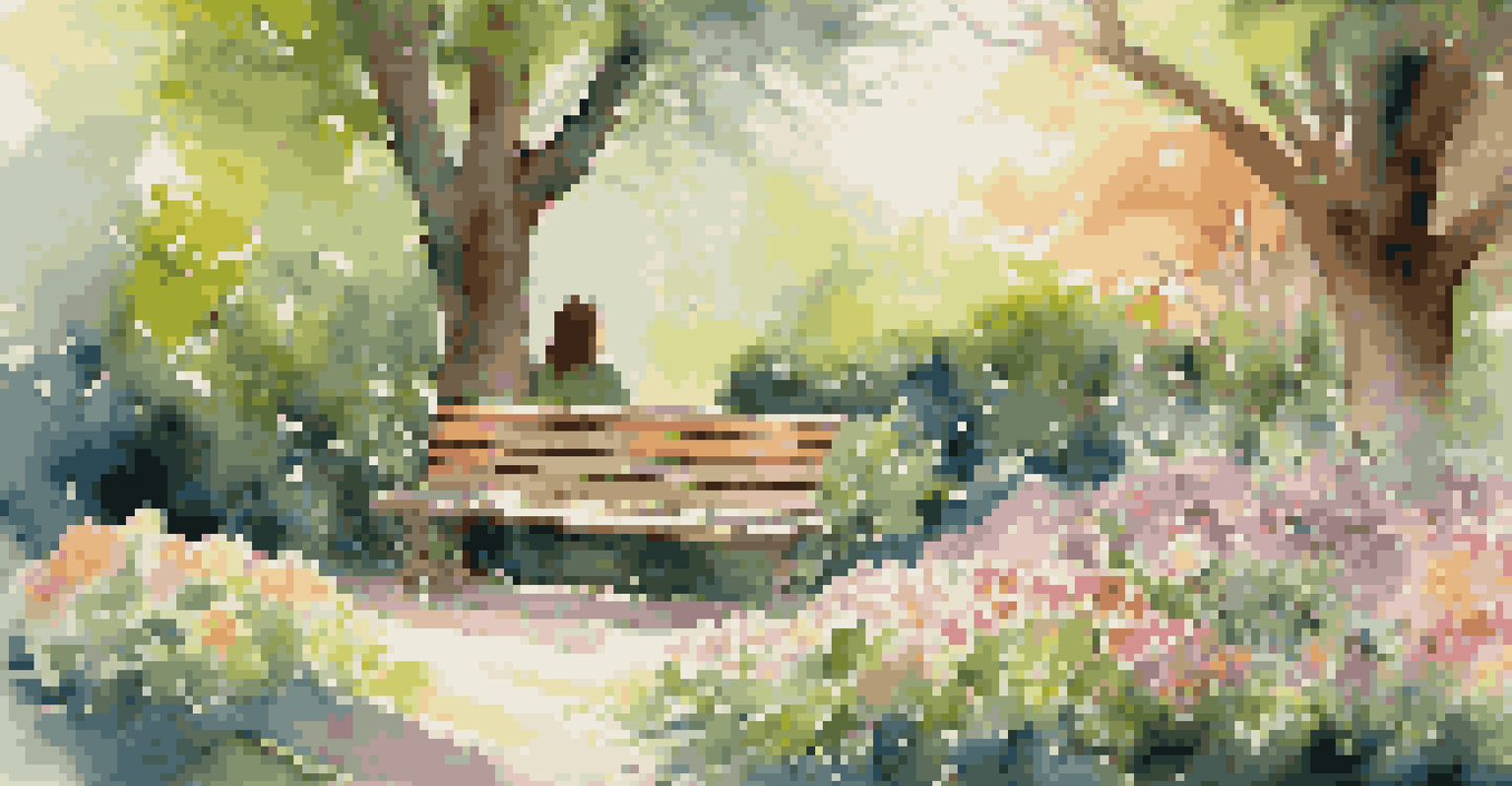 A person in a colorful spring garden, sitting on a bench surrounded by blooming flowers, enjoying a moment of mindfulness under the bright sun.