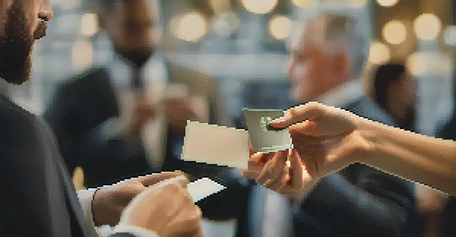 A close-up of two hands exchanging business cards at a networking event, with stylish attire and a blurred luxurious background.