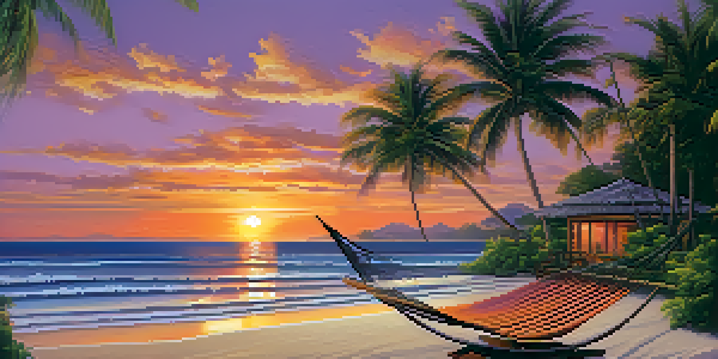 A tropical resort featuring private villas, lush greenery, and a sunset over the beach with a hammock between palm trees.