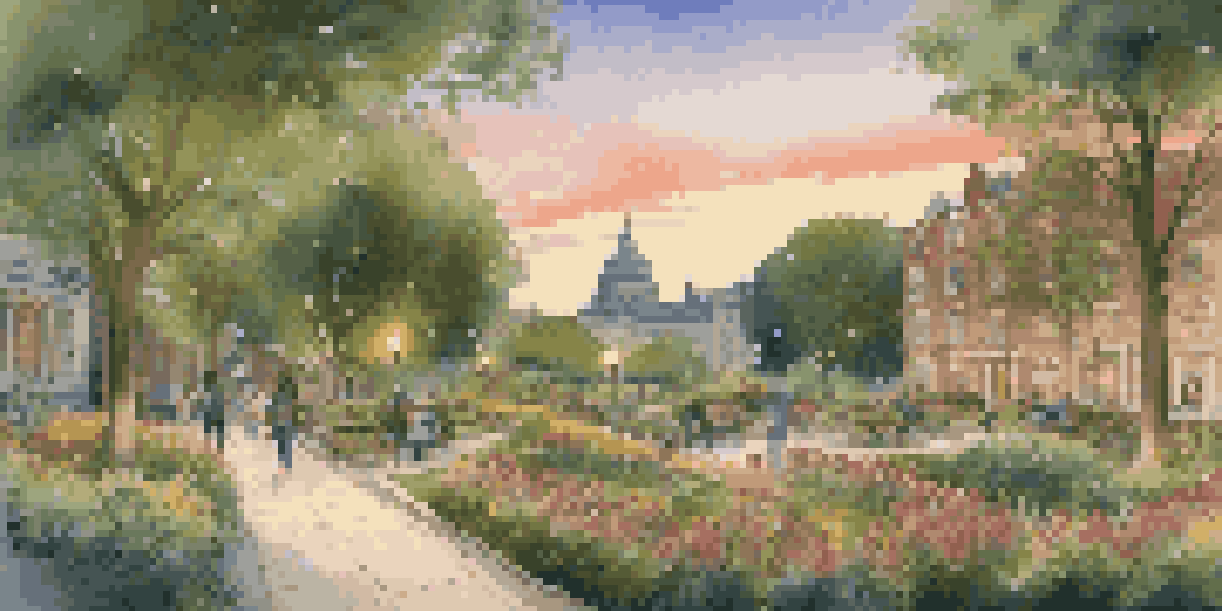 A peaceful urban park at dusk with a winding pathway, historic buildings in the background, and people enjoying the environment.