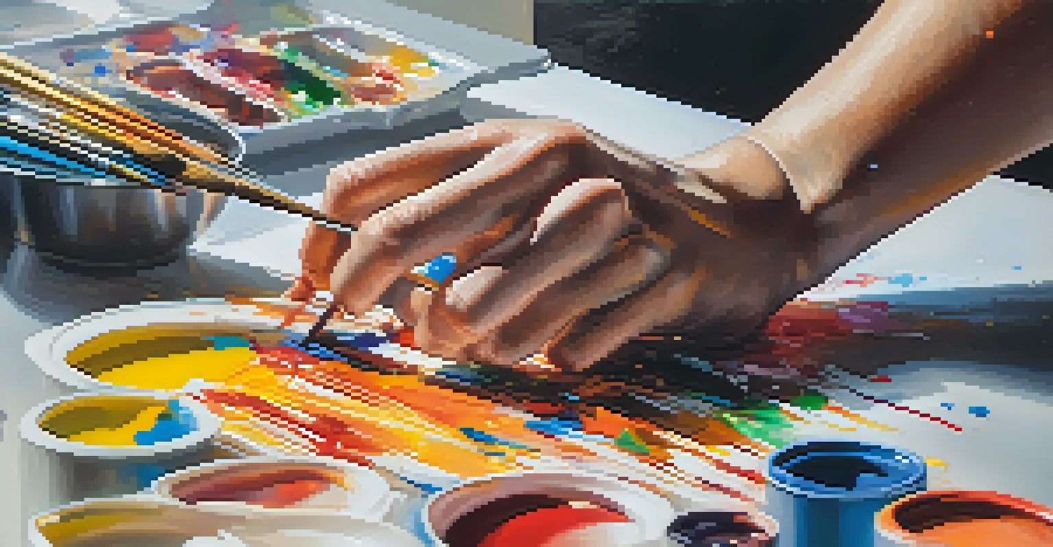 An artist's hands painting on a canvas with vibrant colors and paint splatters around them.