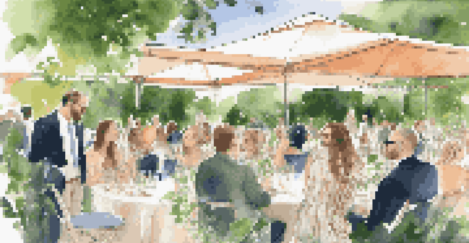 An outdoor luxury event focused on social responsibility in fashion, with guests discussing and enjoying the atmosphere.