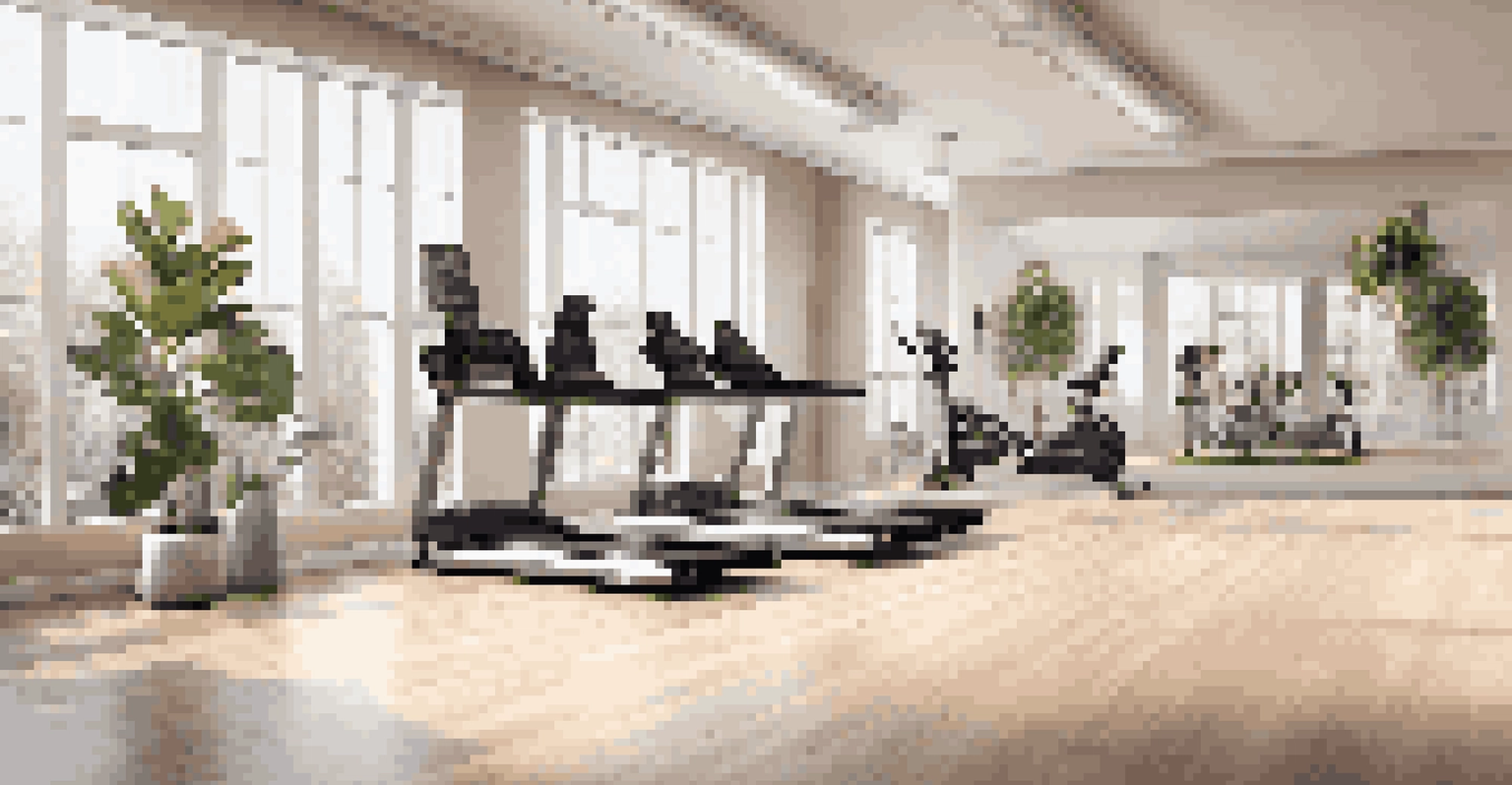 A bright and elegant fitness studio with high-end equipment and natural light, decorated in neutral colors.