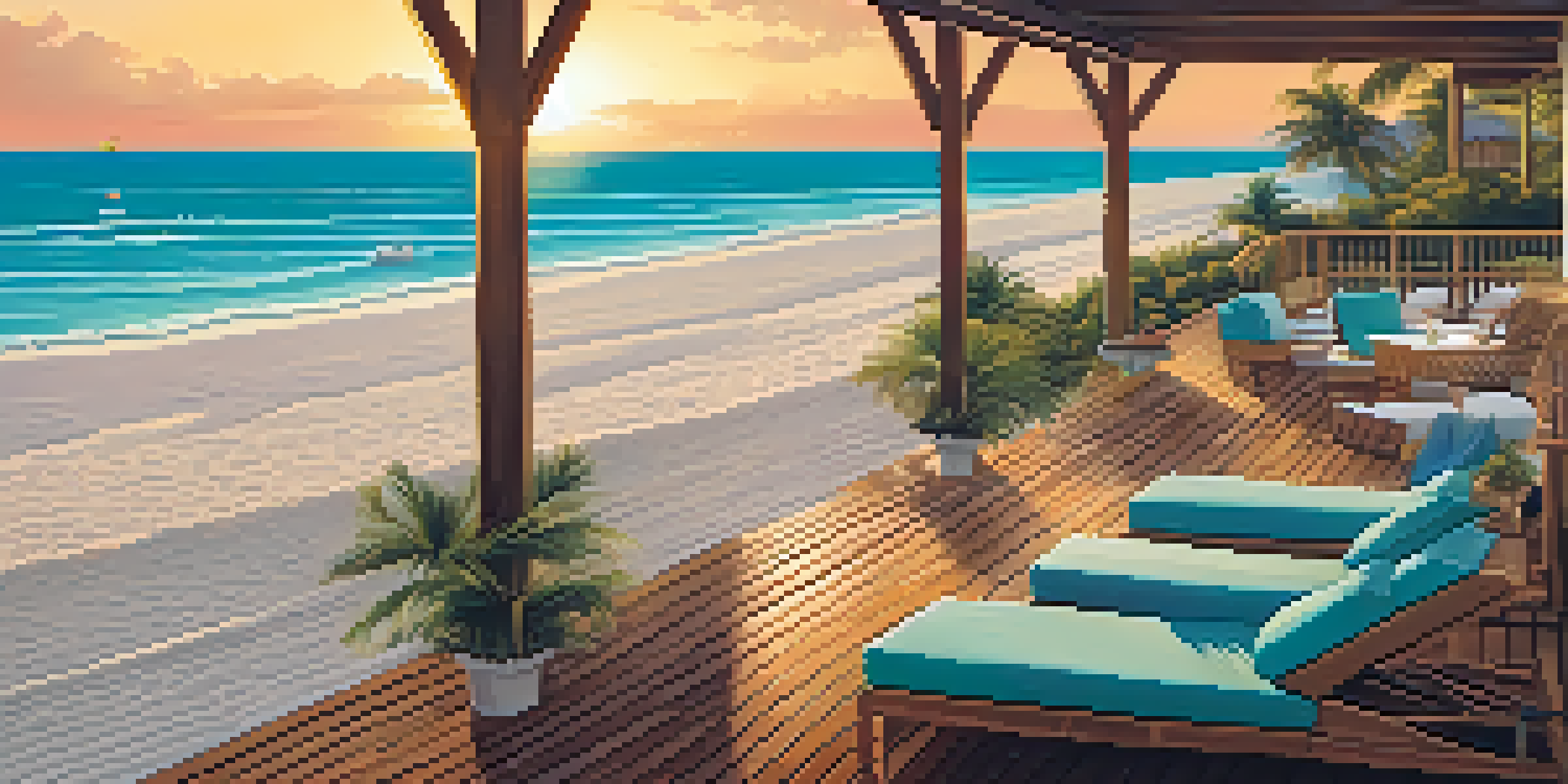 A scenic view of a luxury beach resort at sunset, showcasing white sand and palm trees.