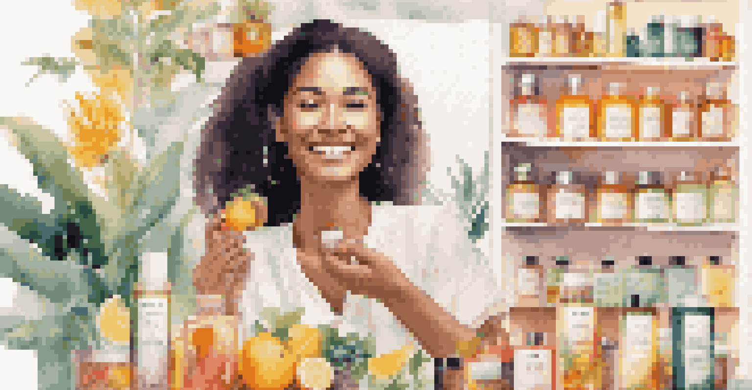 A woman joyfully using clean beauty products, with colorful ingredients like fruits and herbs in the background.