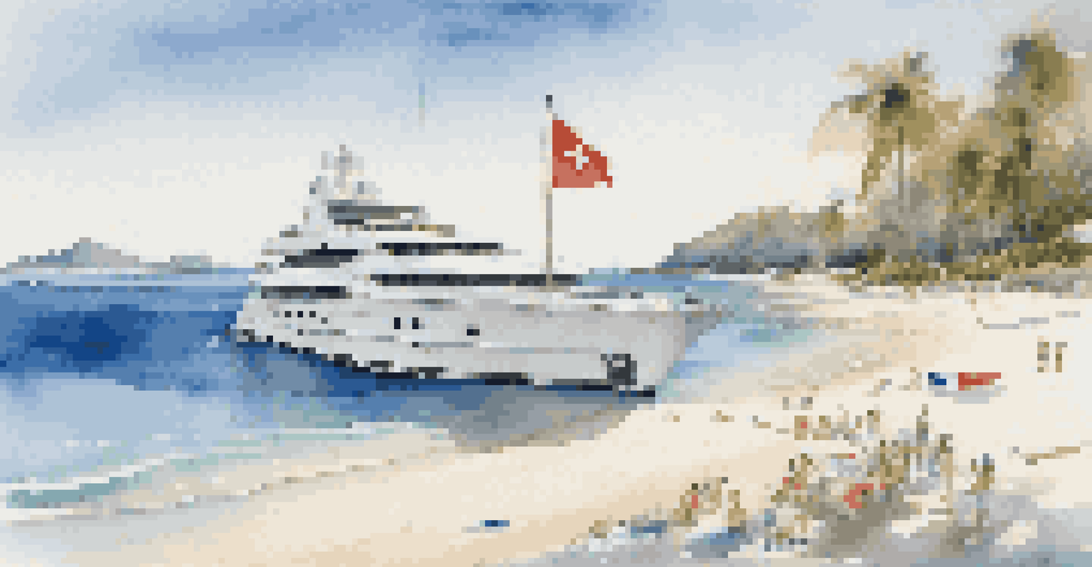 A luxury yacht by a pristine beach with guests engaged in a beach clean-up, emphasizing environmental responsibility.