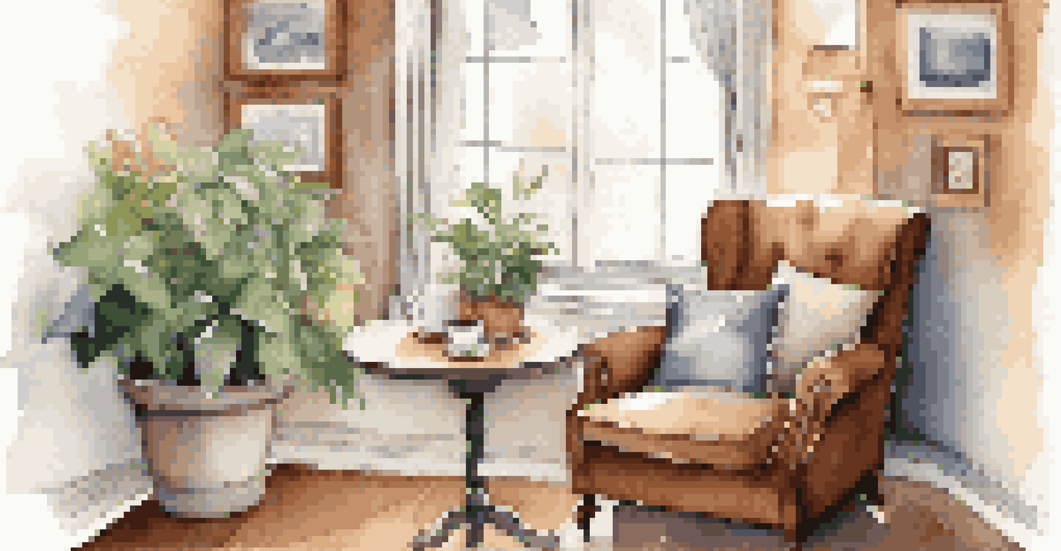A cozy coffee nook with a chair, coffee cup, and book, surrounded by coffee-themed artwork and soft lighting.