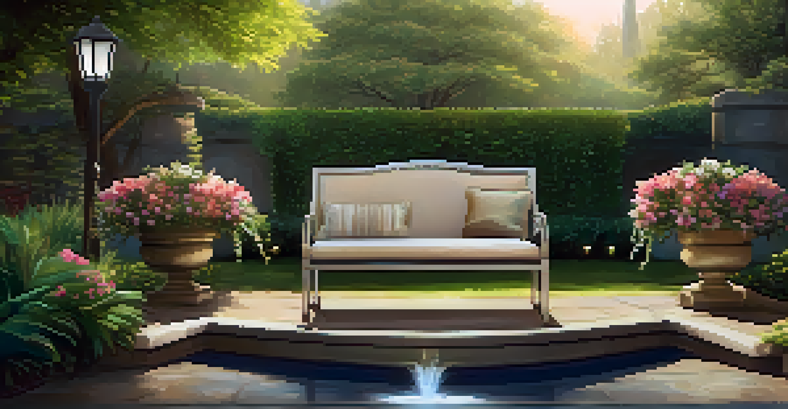 A cozy outdoor seating area with a plush bench and a water fountain in a lush garden.