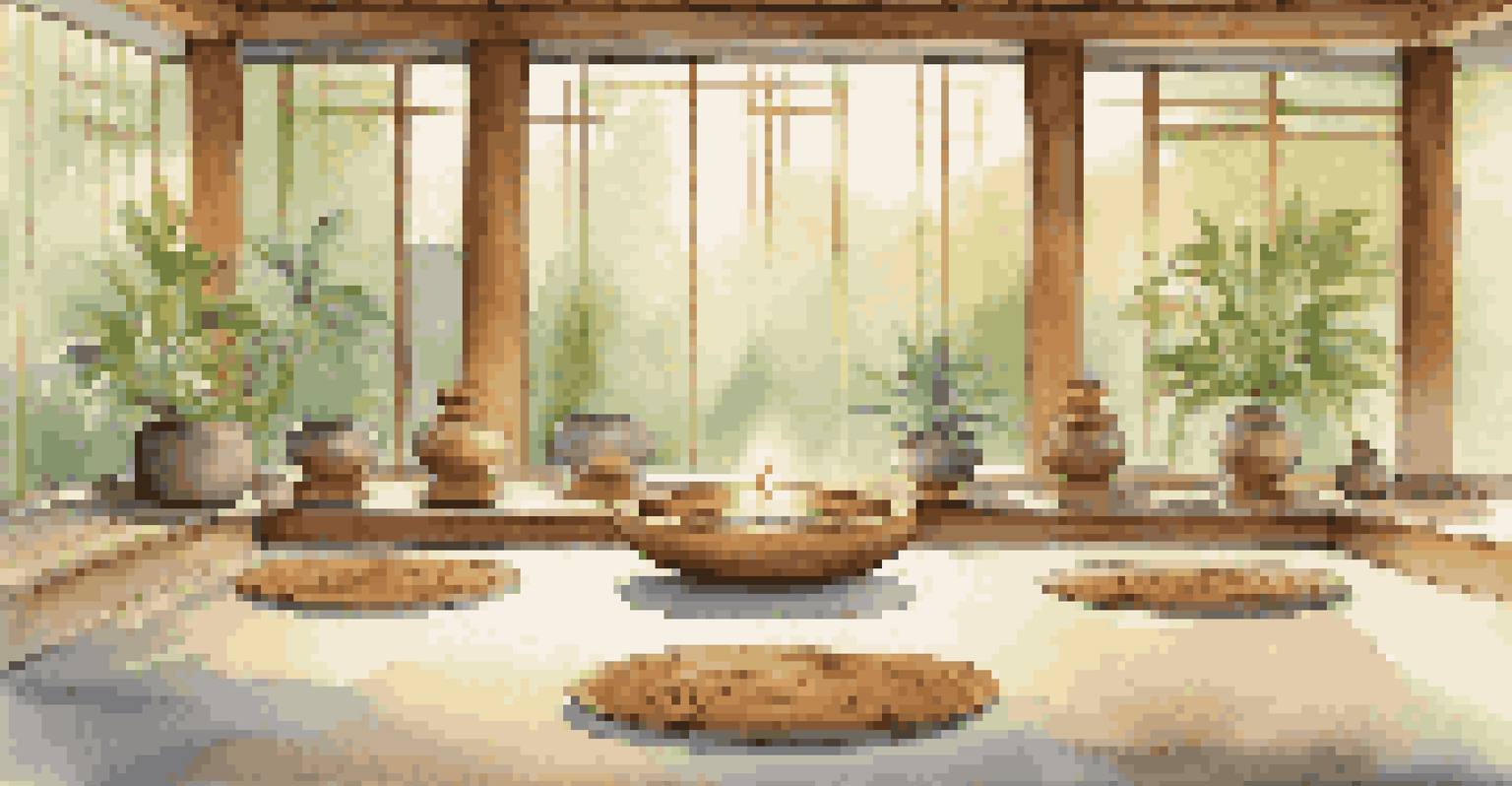A tranquil meditation space with a mat, Tibetan singing bowls, candles, and natural light streaming through large windows.