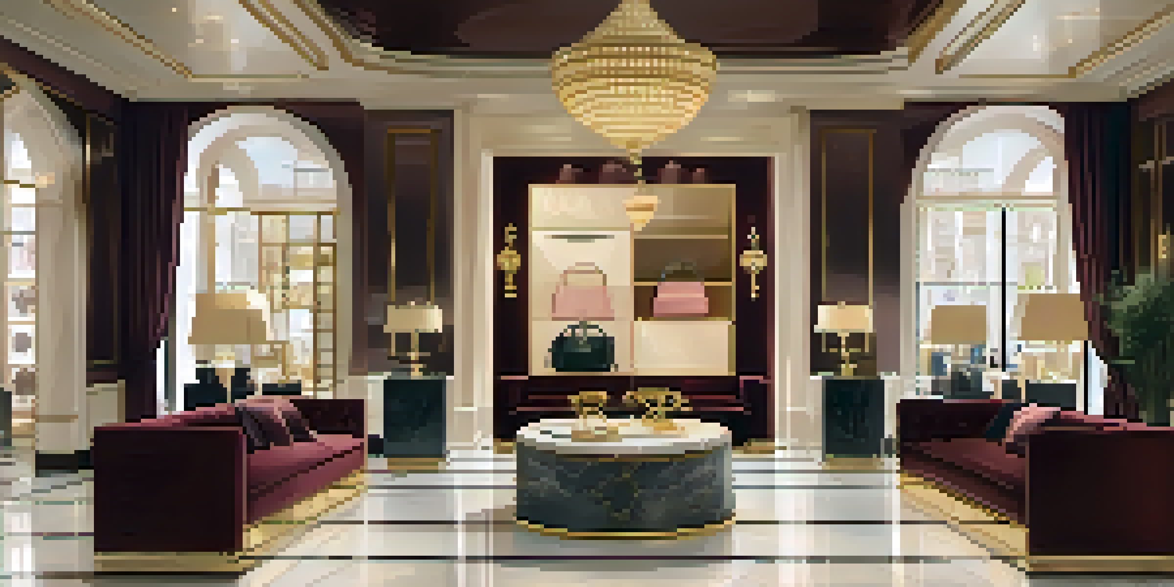An elegant boutique interior displaying luxury handbags with marble floors and ambient lighting.